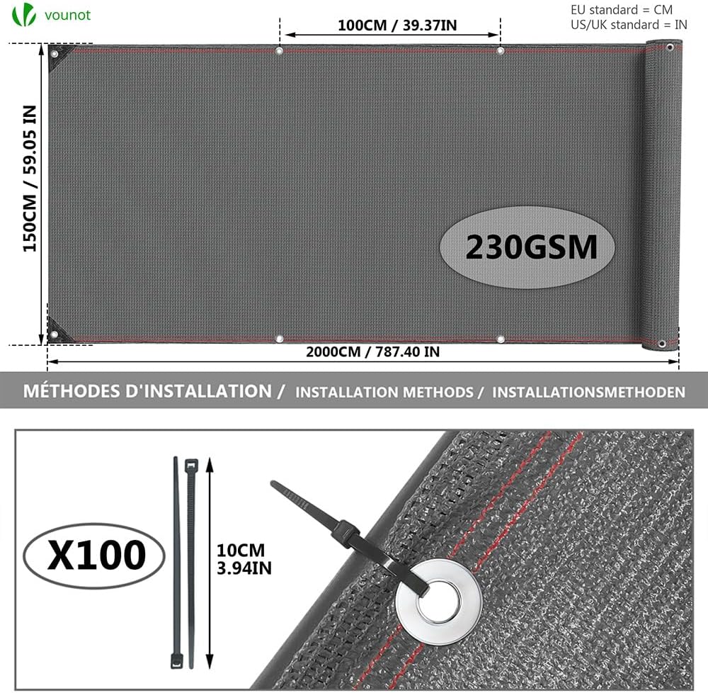 Thumbnail 1 de vounot Brise Vue Occultant en HDPE 230 g/m² avec Attaches – 1,5x20 m, Gris