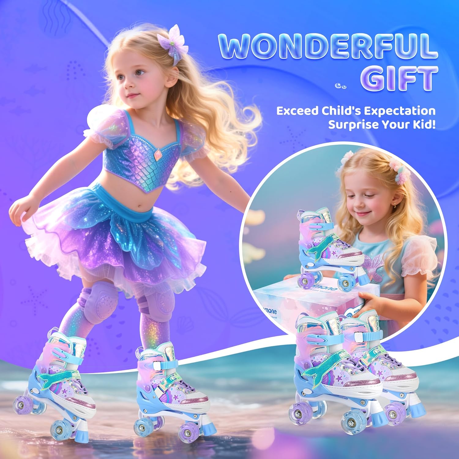 Thumbnail 3 de NEMONE Mermaid 4 Size Adjustable Light Up Roller Skates for Girls