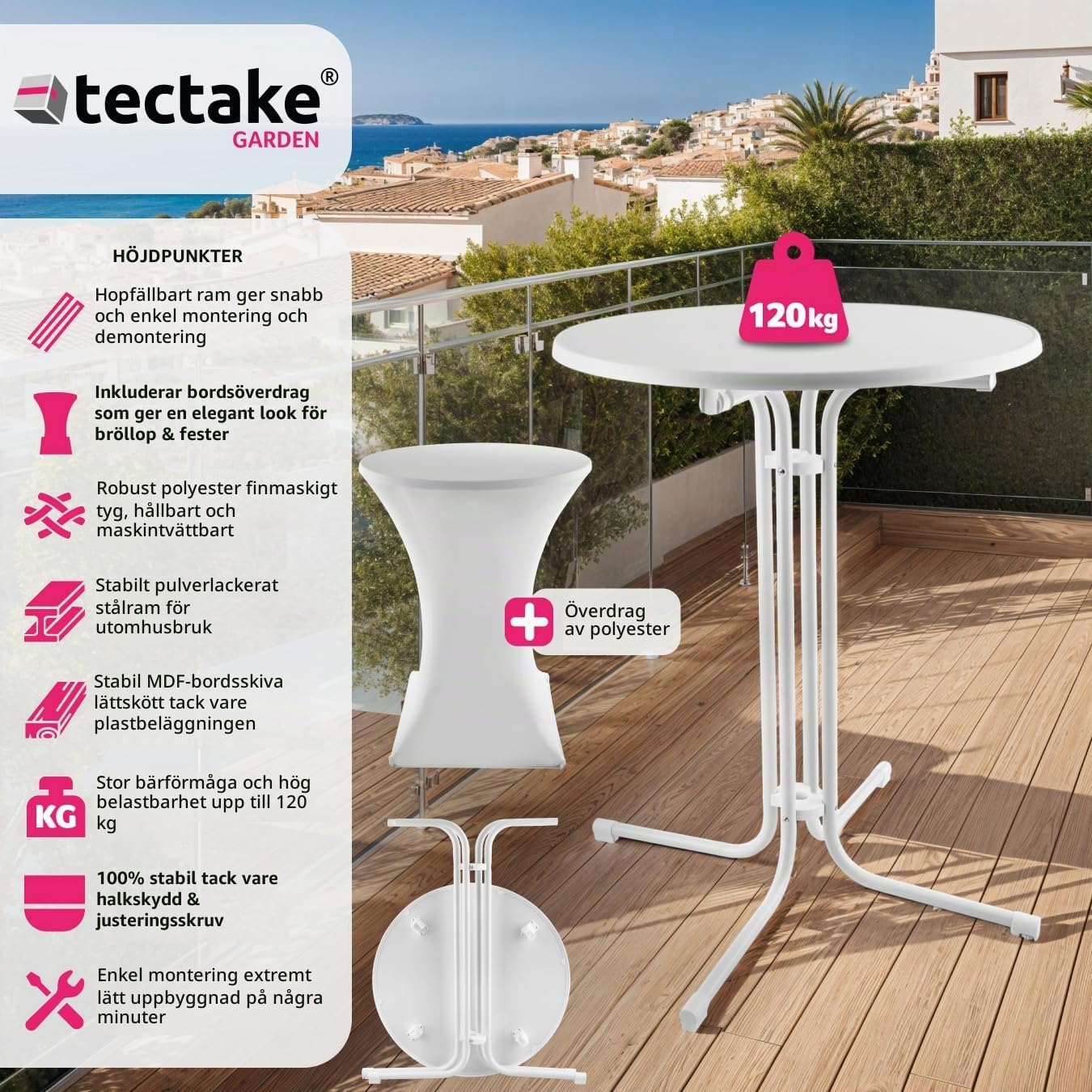 Detalle de tectake 405310 hopfällbart ståbord, runt, 110 cm högt med tvättbart överdrag