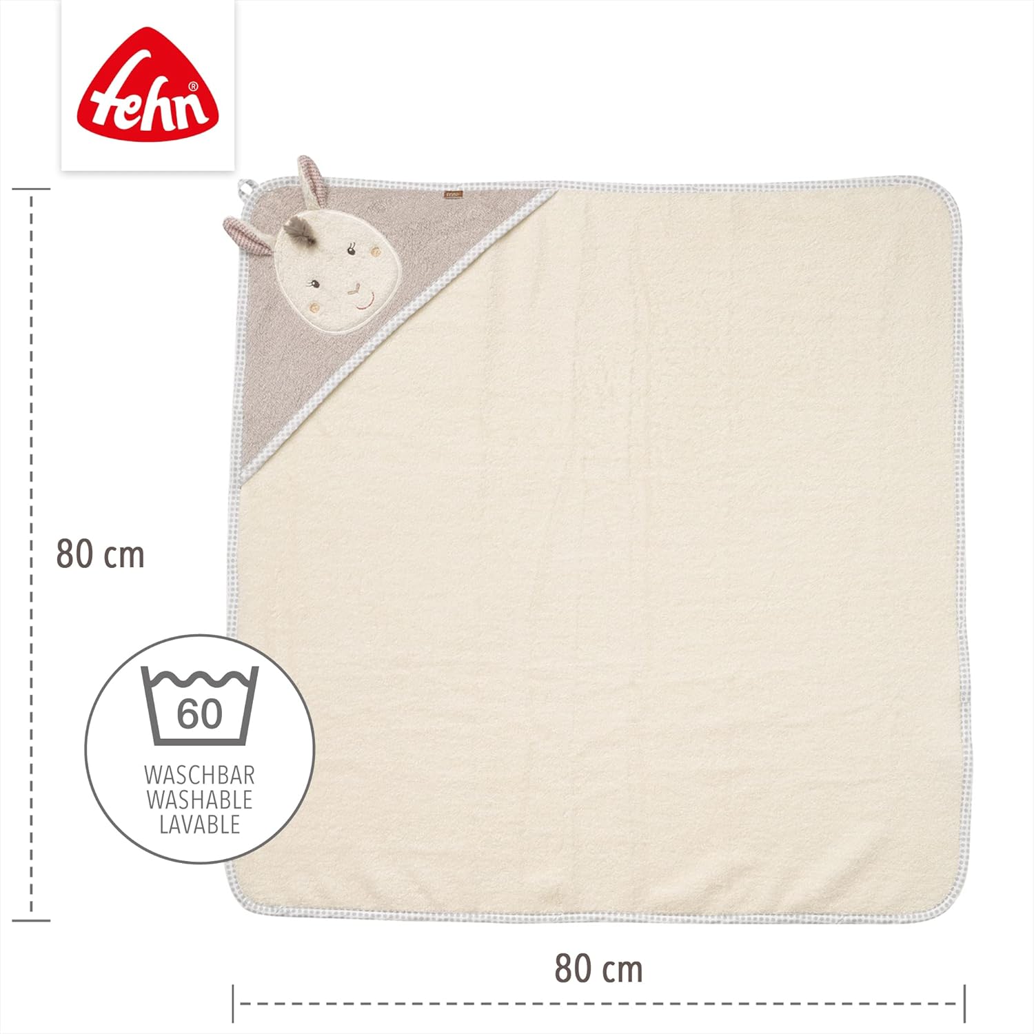 Detalle de Fehn Kapuzenhandtuch Baby Lama – kuscheliges Kapuzen-Tuch für Babyhaut (80 x 80 cm)