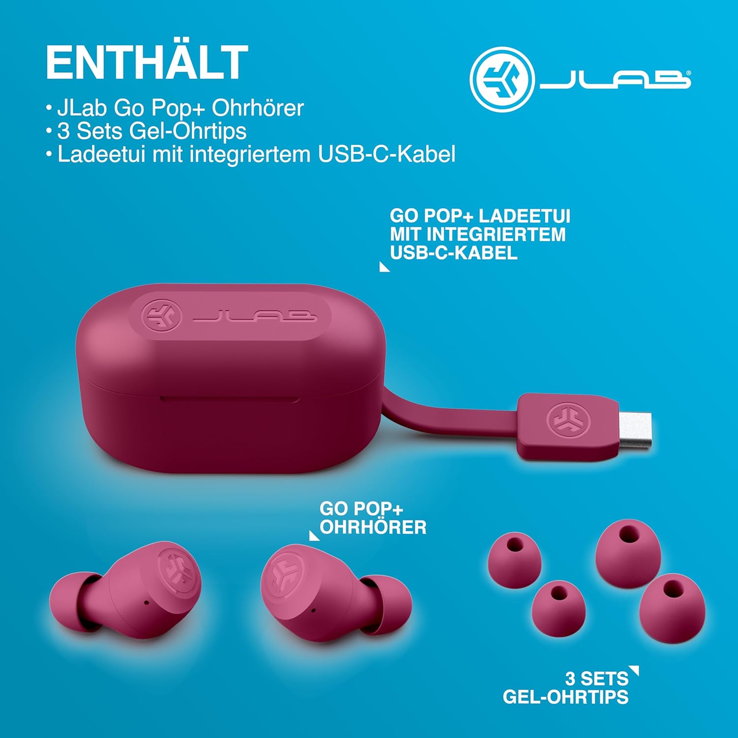 Thumbnail 6 de JLab Go Air Pop+ True Wireless In-Ear Kopfhörer mit Bluetooth, Dual Connect & Mikrofon (Dunkelrosa)