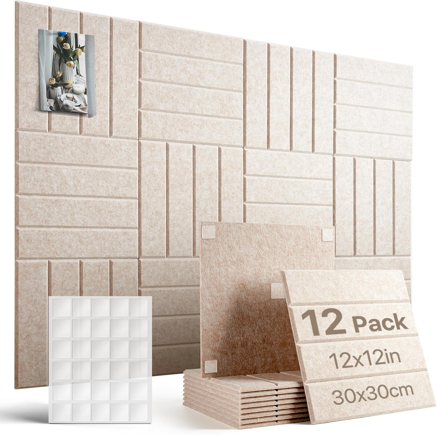 Detalle de Woovio große Filz Pinnwand selbstklebend 120×90 cm (12er-Set) inklusive Klebepads – helles Kamel