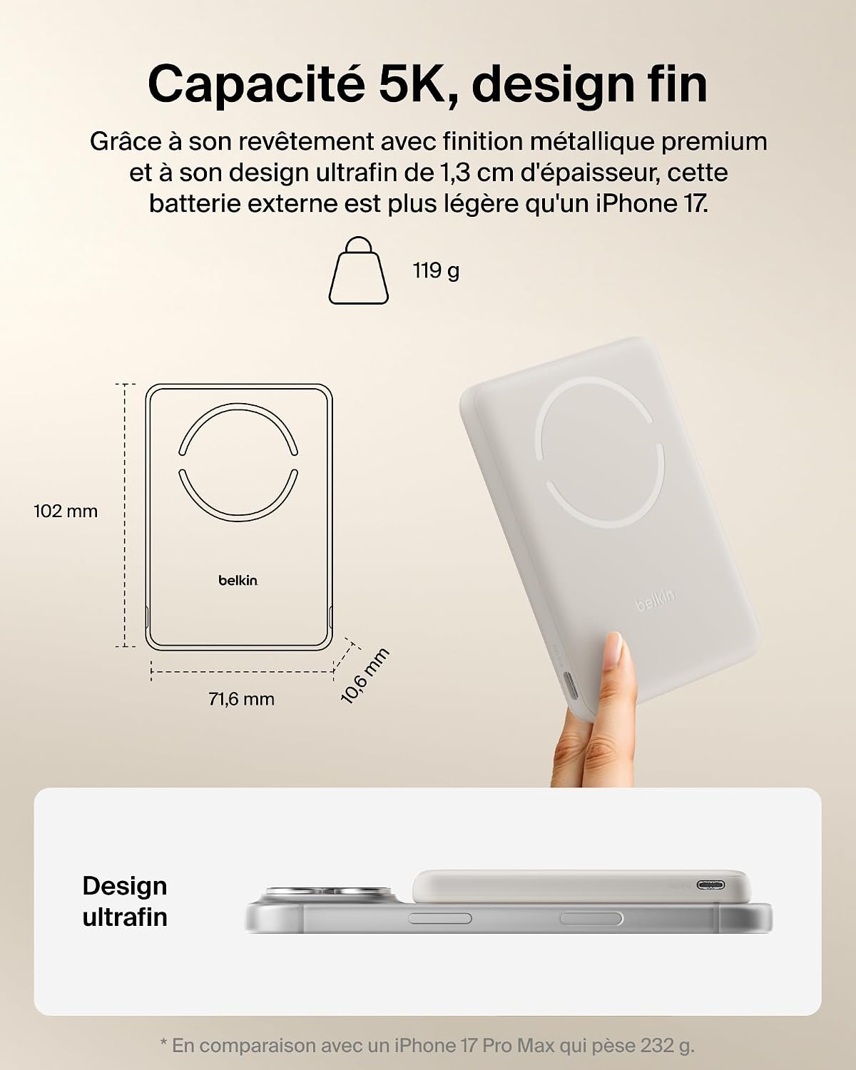 Detalle 2 de Belkin BoostCharge Batterie Externe Magnétique 5000 mAh – Chargeur portable 15 W, anneau magnétique et USB-C inclus (Beige)