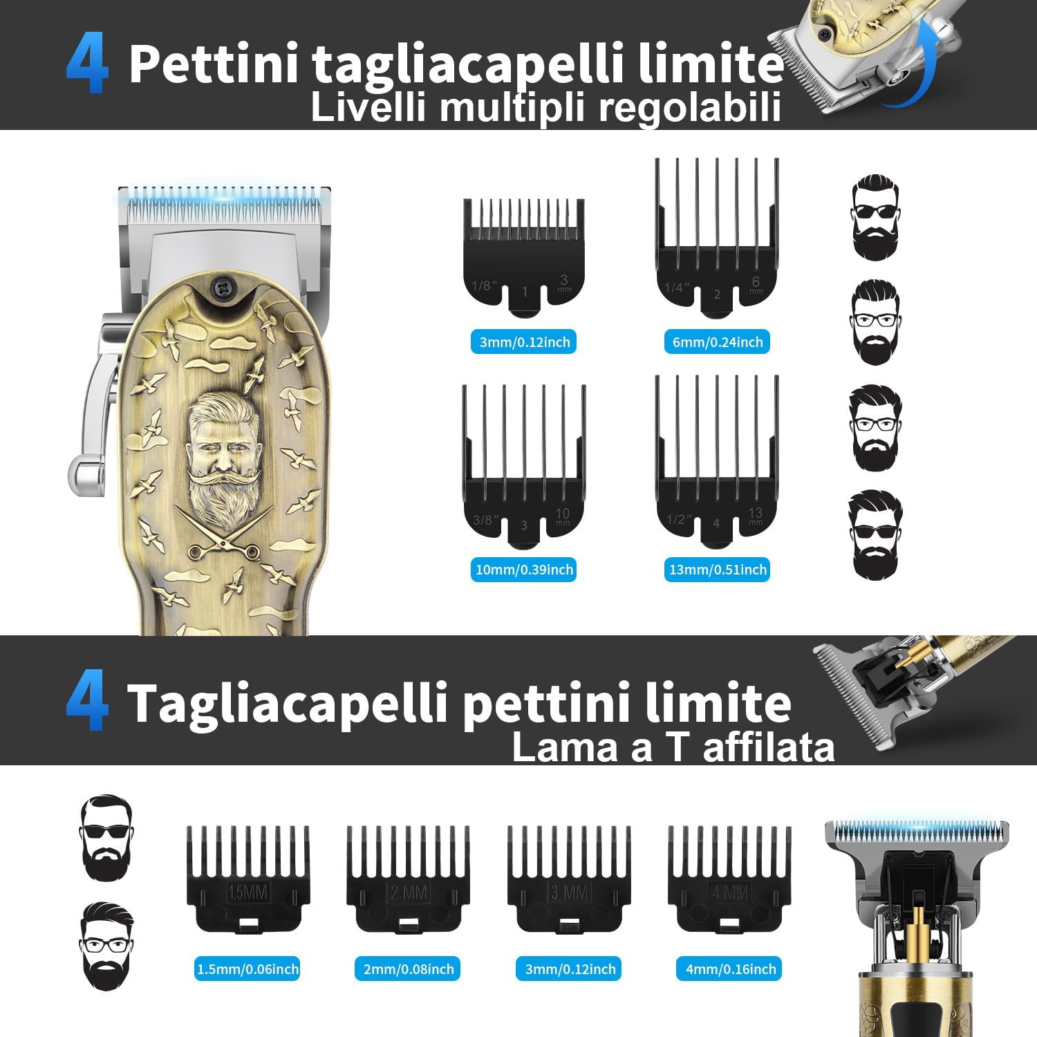 Detalle 2 de HIENA PRO Tagliacapelli Uomo Professionale: kit completo per taglio capelli e rasatura