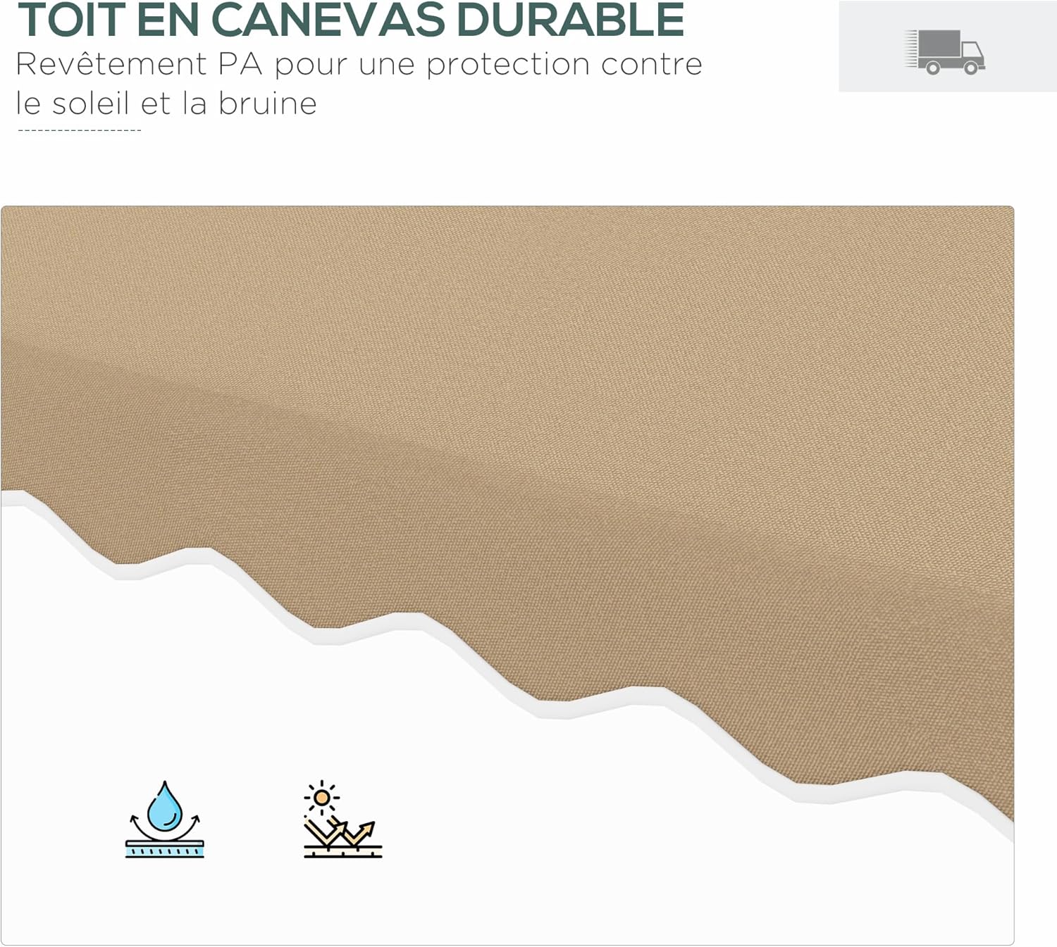 Thumbnail 3 de Outsunny Parasol déporté carré avec double toit et lambrequin, pied en croix (kaki)