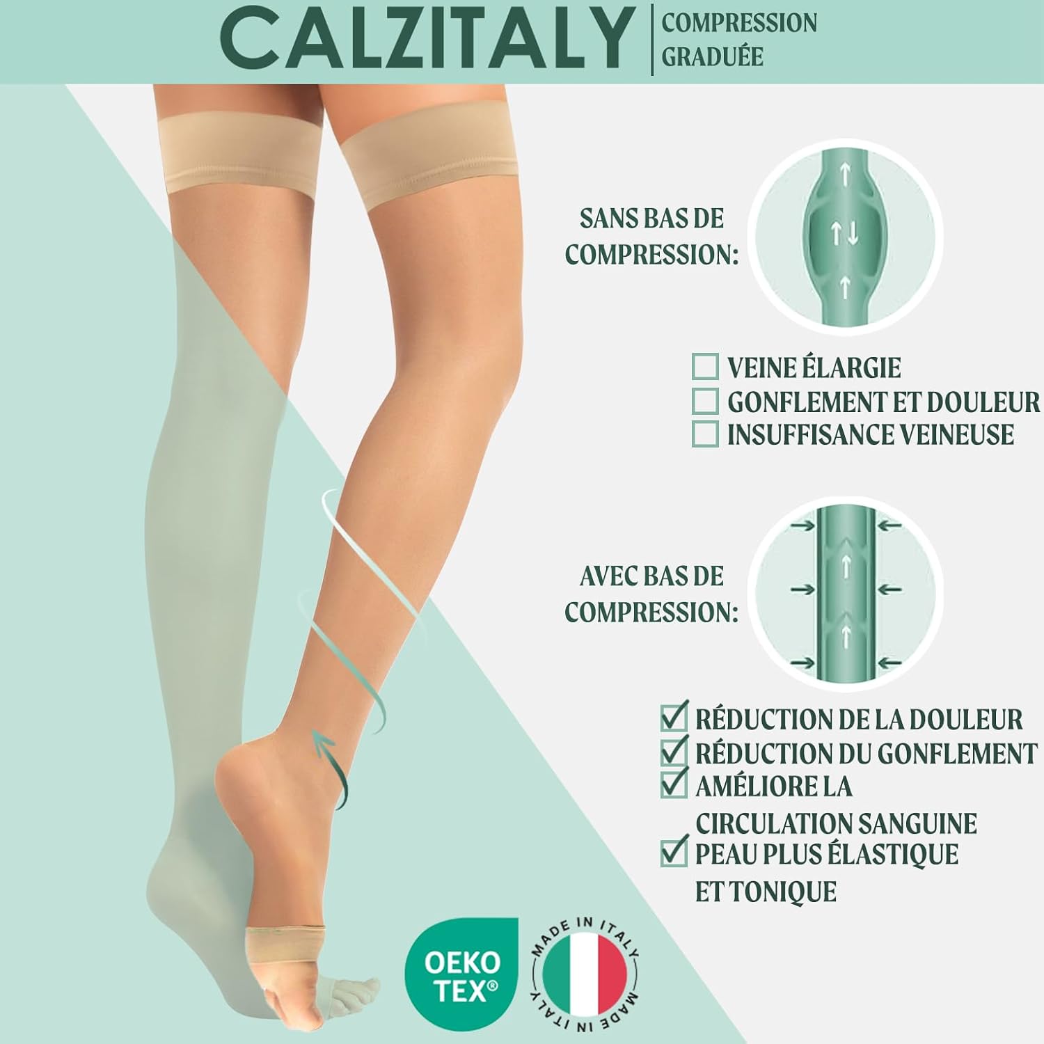 Detalle de CALZITALY Bas Autofixant de Soutien Médicaux – compression graduée forte, 140 DEN, Noir/Naturel, S à XL, Made in Italy