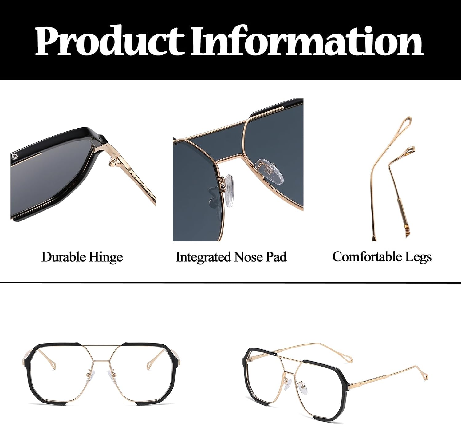 Detalle de LJCZKA Square Blue Light Blocking Glasses with Oversized Pilot Metal Frame