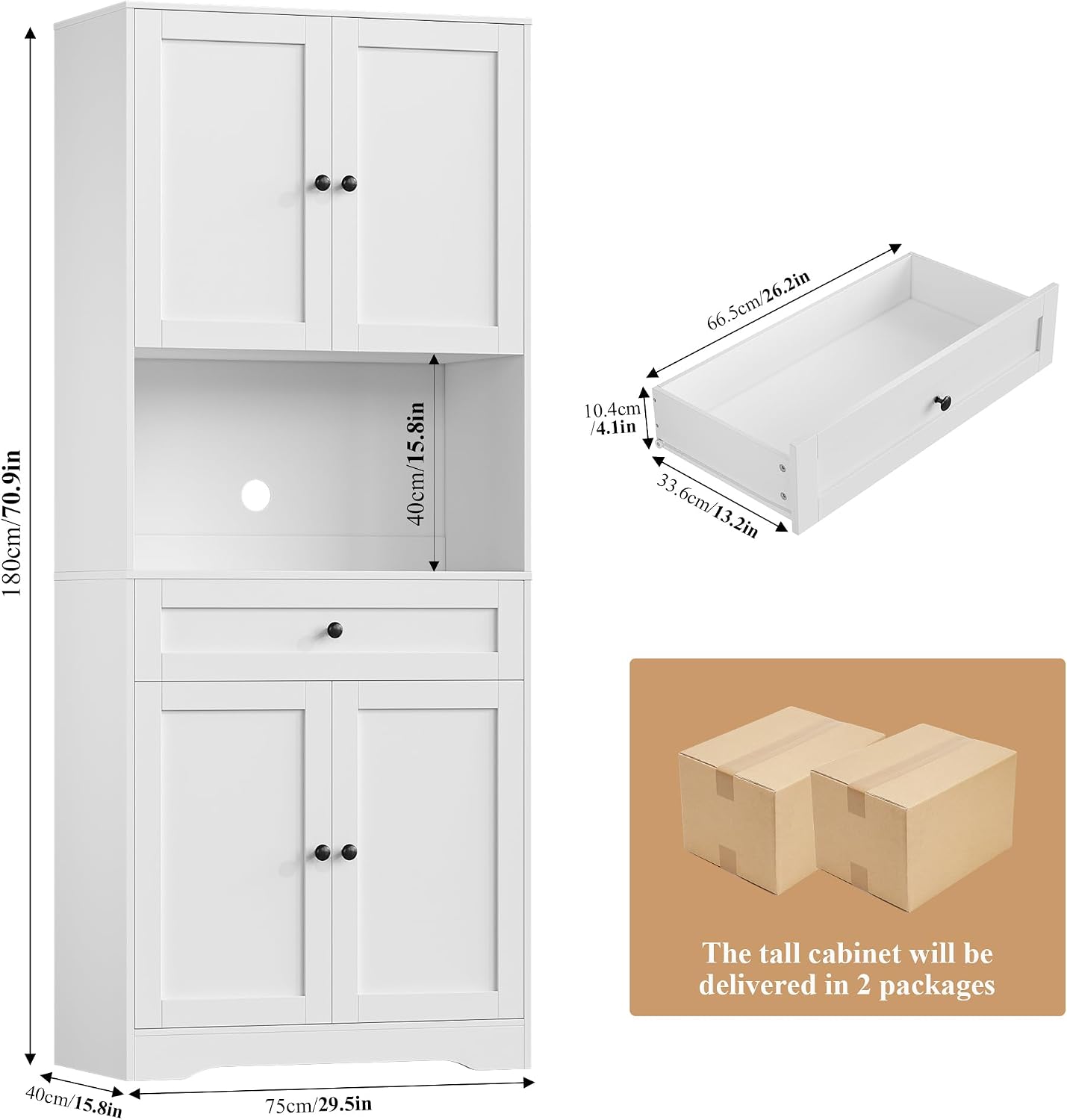 Detalle de FOREHILL P622 180cm Tall Kitchen Cupboard, White, Adjustable Shelves and Countertop