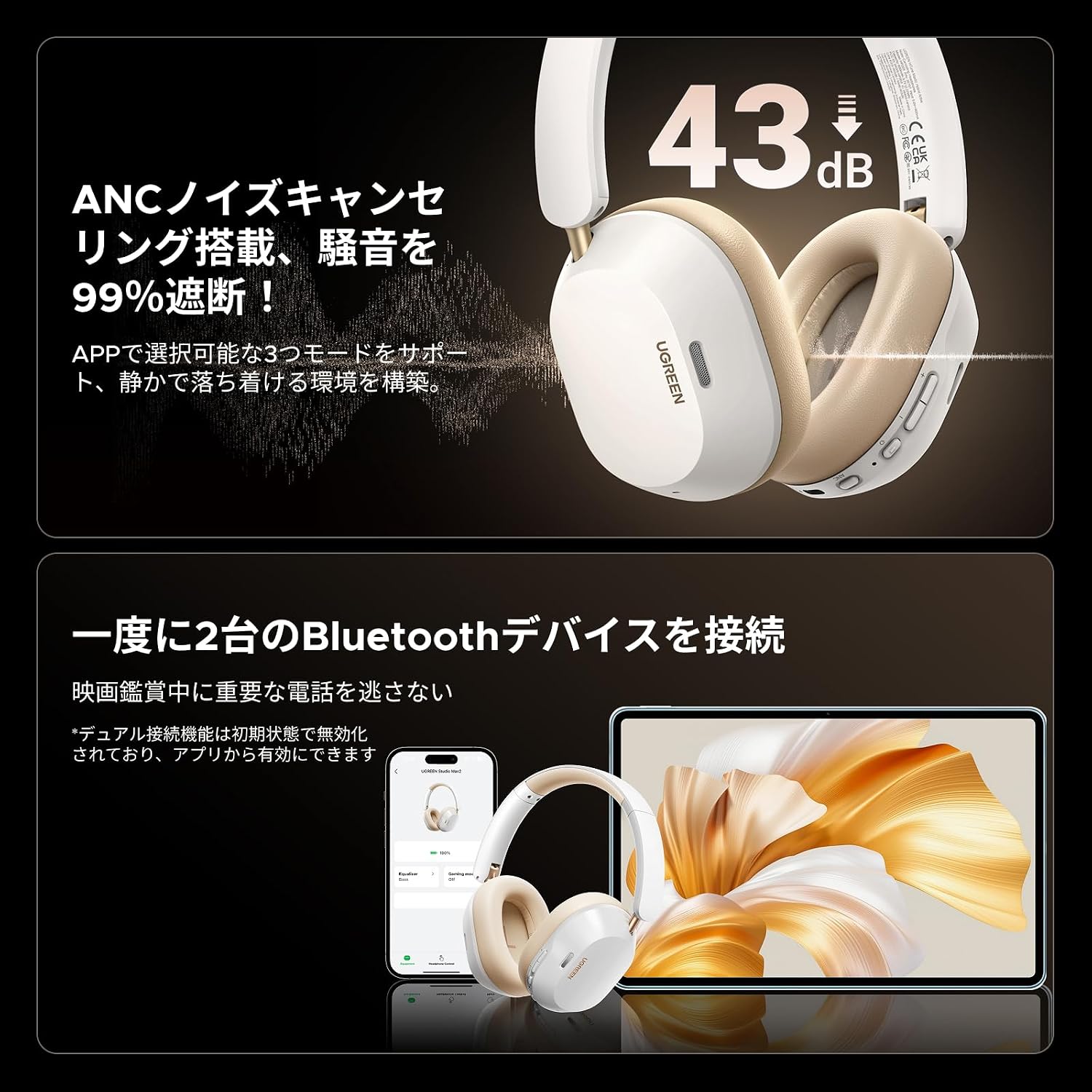 Detalle de UGREEN HP203 Wireless Over-Ear Headphones, Adaptive ANC, LDAC, 75-Hour Battery