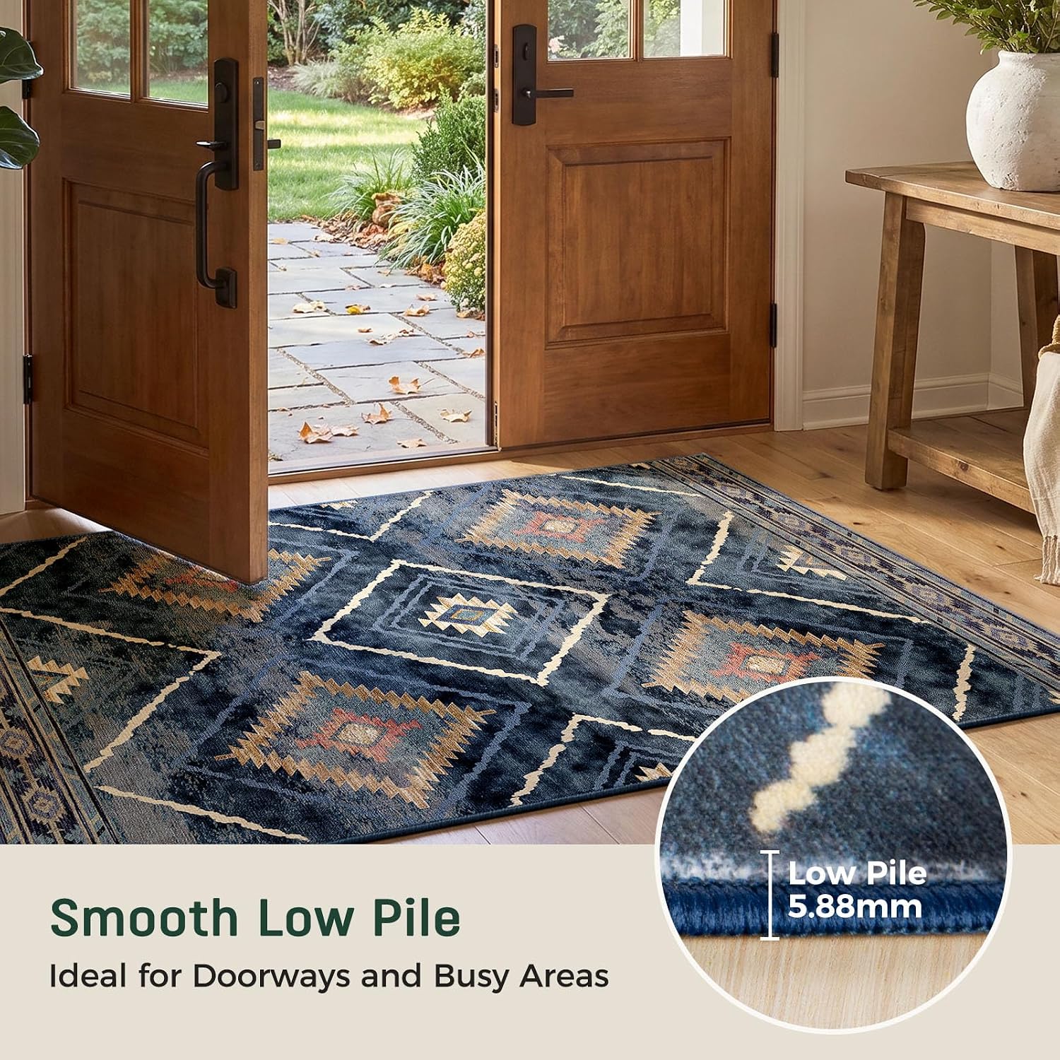 Detalle de DEFYNEE Machine Washable Rugs 120x180 cm (Vintage Blue, Non-Slip Short Pile)