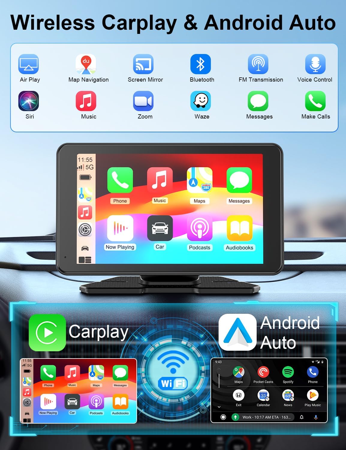 Detalle 2 de Carplay Screen for Car 7” HD Portable Touchscreen Stereo with Wireless Android Auto, Backup Camera, Mirror Link, Bluetooth, and GPS