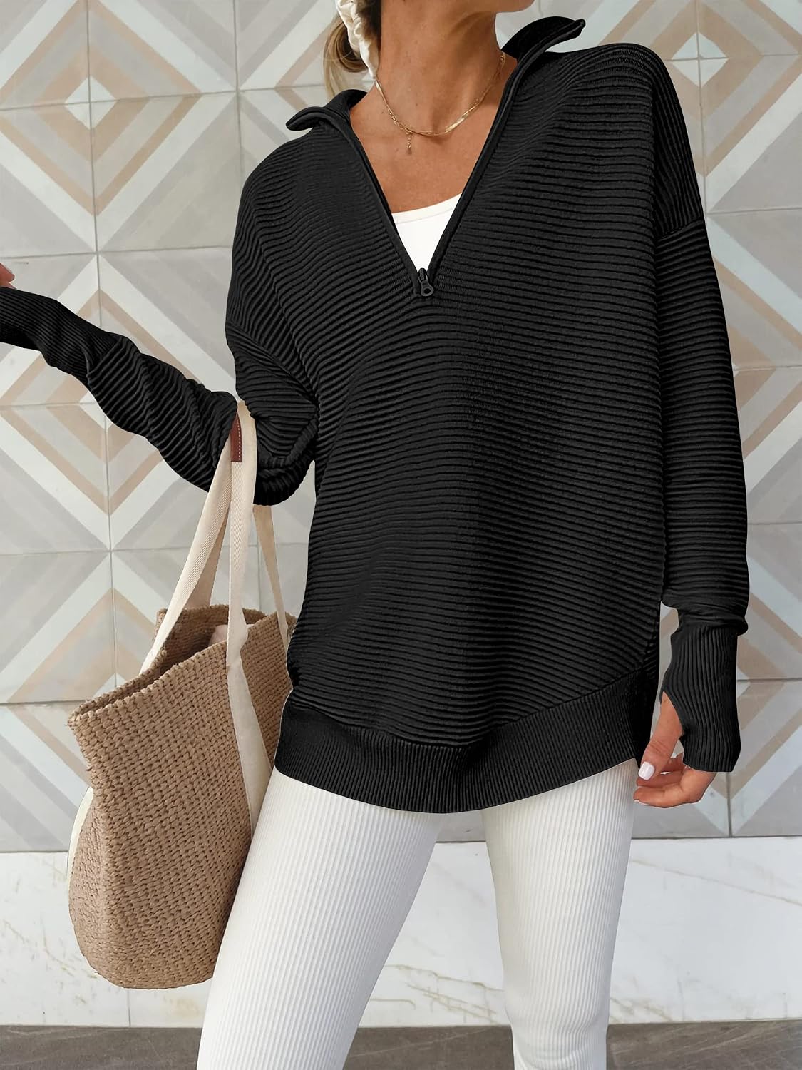 Detalle de ANRABESS Women's Quarter-Zip V-Neck Sweater with Ribbed Knit and Thumbholes