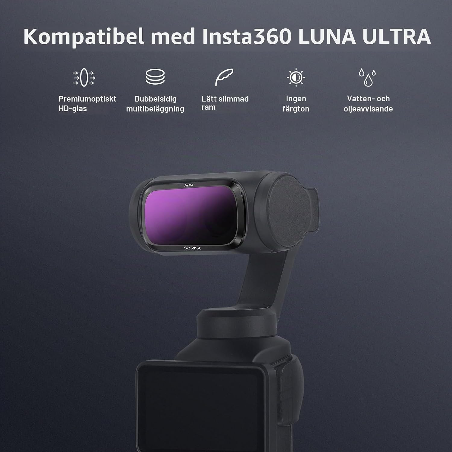 Detalle de NEEWER FL-L01 ND-filterset för Insta360 Luna Ultra med fyra ND-filter