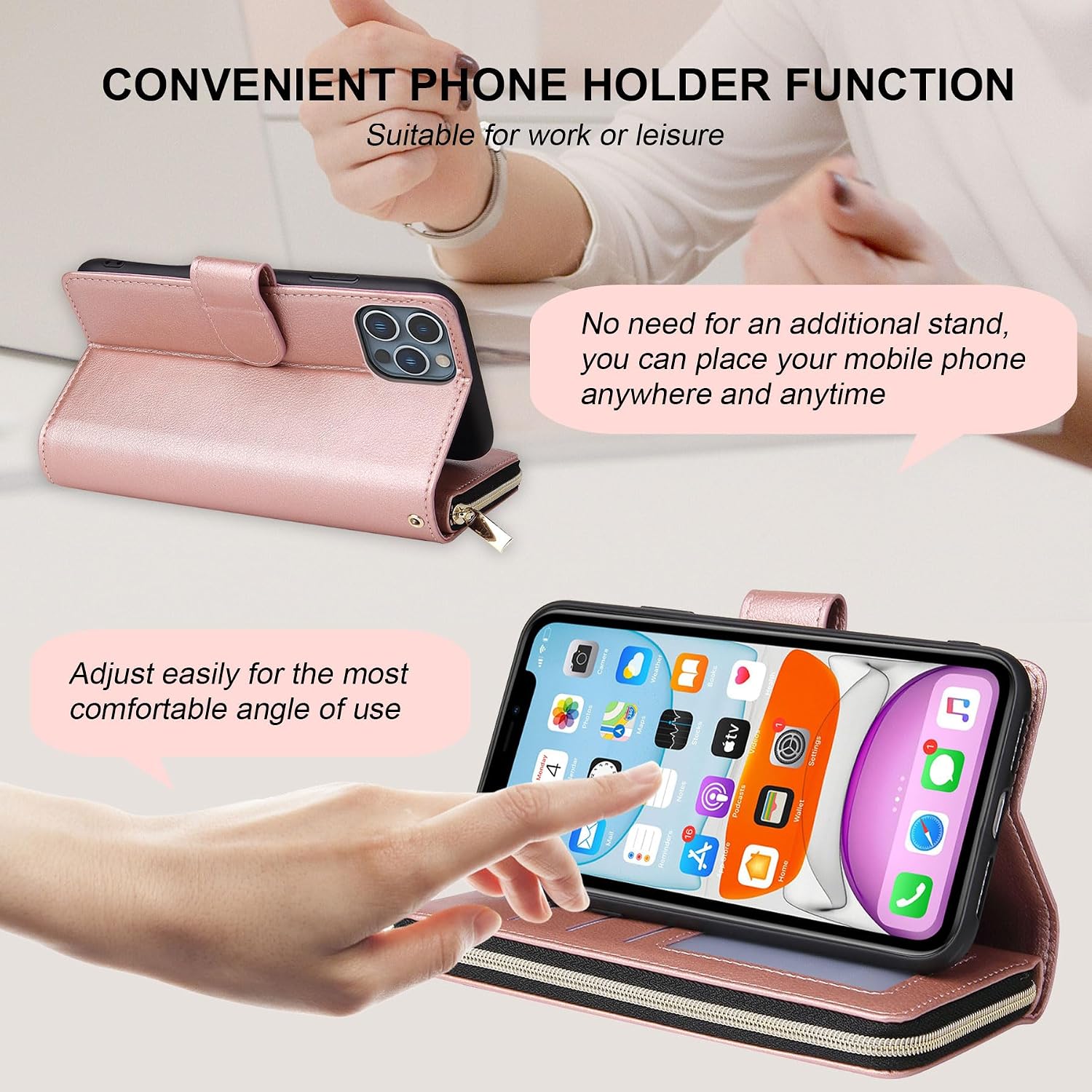 Detalle 2 de ZCDAYE Wallet Phone Case for iPhone 16 Pro Max – Premium Rose Gold Leather with Card Slots and Magnetic Closure