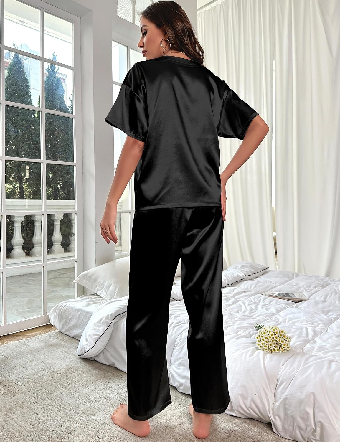 Thumbnail 3 de HANERDUN Damen Satin Pyjama Set Kurzarm