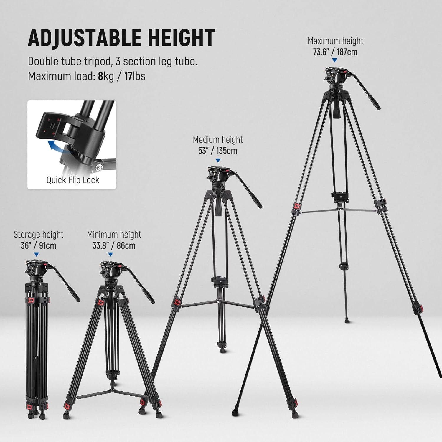 Detalle de NEEWER 74" Video Tripod with Fluid Head & Damping Control (TP74) – Heavy-Duty Aluminium Stance for DSLR & Camcorders