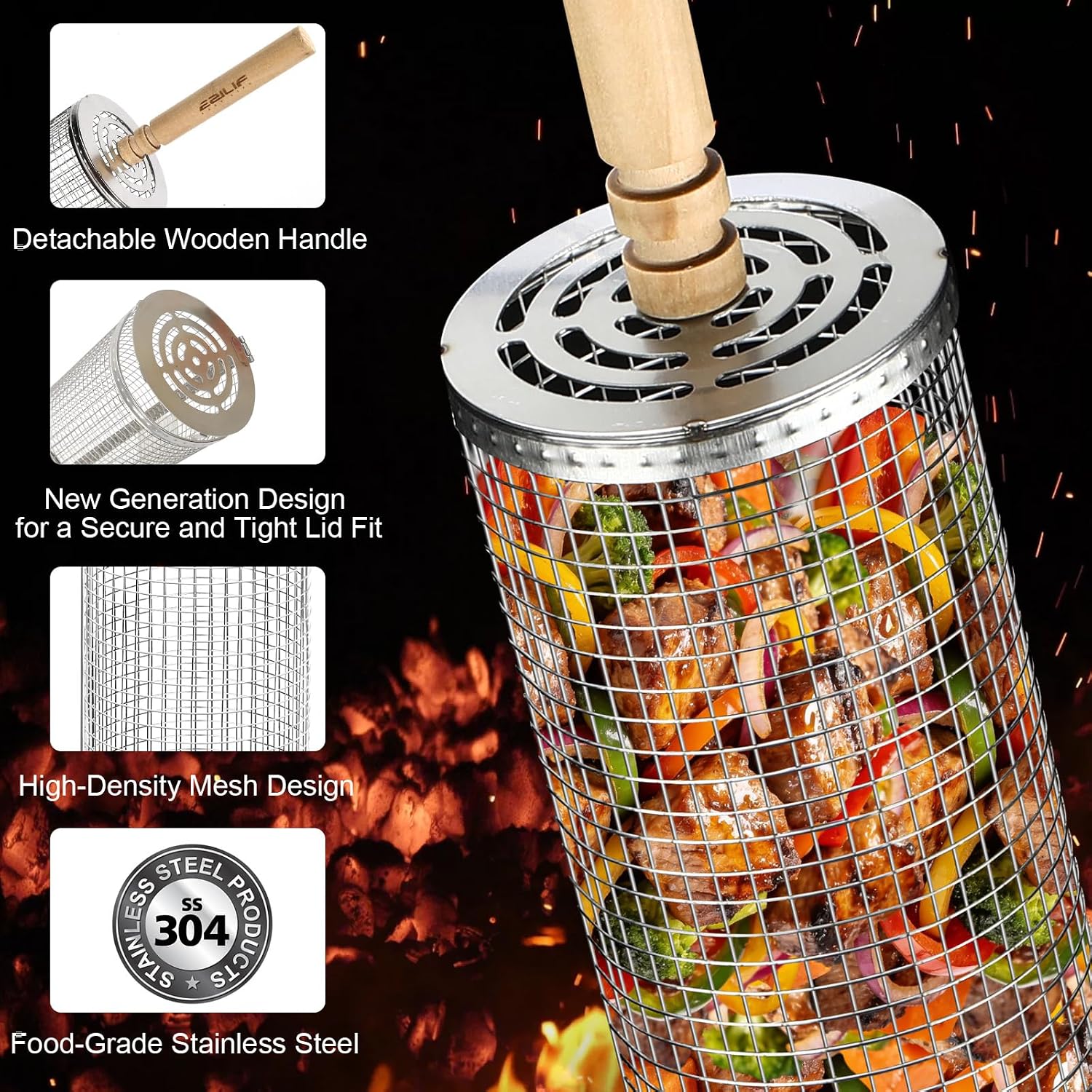 Detalle 2 de Ezilif 2PCS Rolling Grill Baskets – 304 Stainless Steel, with Detachable Wooden Handle and Nesting Net
