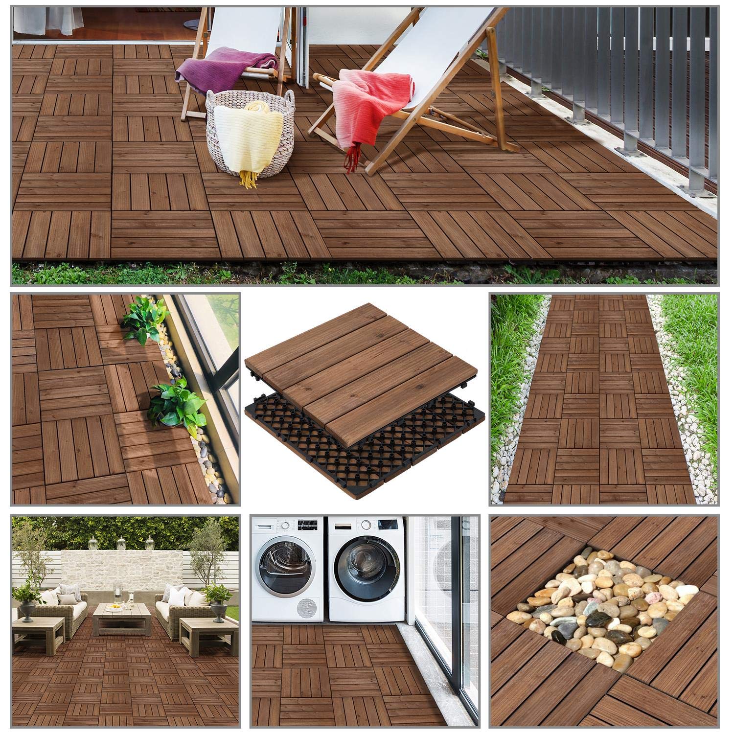 Thumbnail 2 de Yaheetech Piastrelle Esterno 30x30 cm – 11 pezzi in legno per pavimento giardino, incastro, marrone scuro