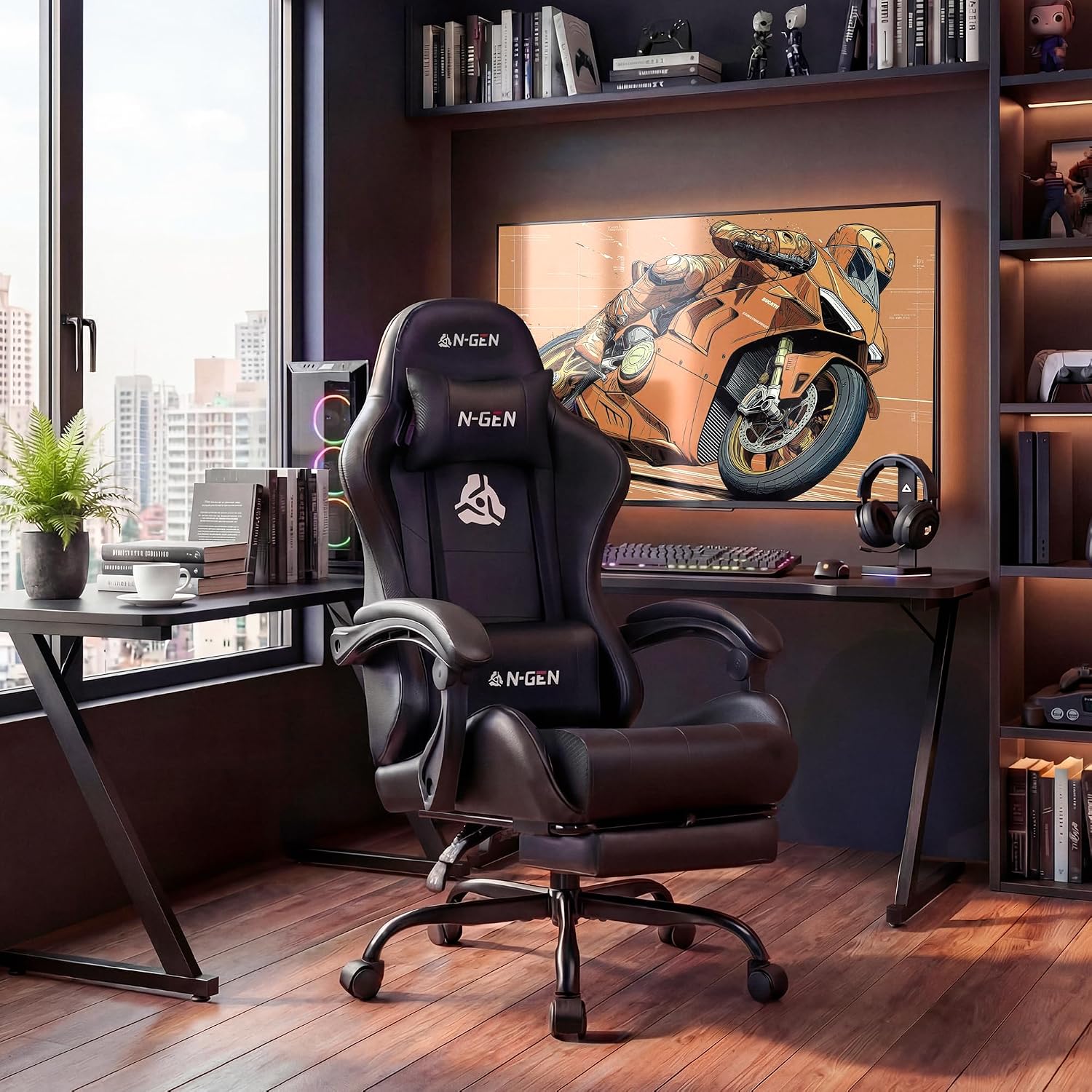 Detalle 2 de N-GEN GAMING NG2601A Gaming Chair with Footrest, Reclining Back, All Black