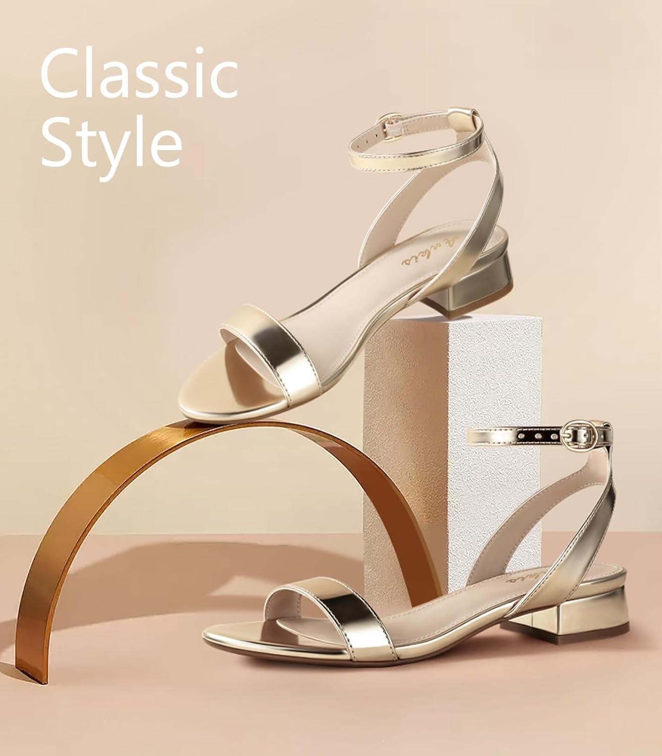 Thumbnail 3 de Ankis Women Sandals: Black Nude White Gold, Comfortable 1-Inch Block Heel Strappy Sandals