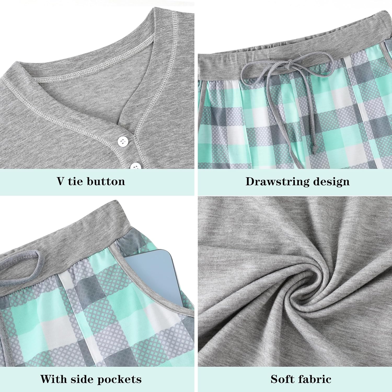Thumbnail 5 de Uniexcosm Pyjama Femme en coton long – Ensemble à carreaux avec poches et col rond