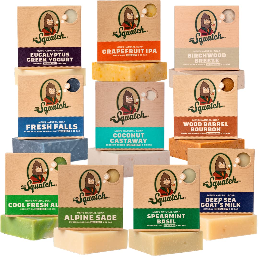 Dr. Squatch Natural Men’s Cold Process Bar Soap (Coconut Castaway, Fresh Falls, Cool Fresh Aloe, Grapefruit IPA) — 10-Pack, 5 oz