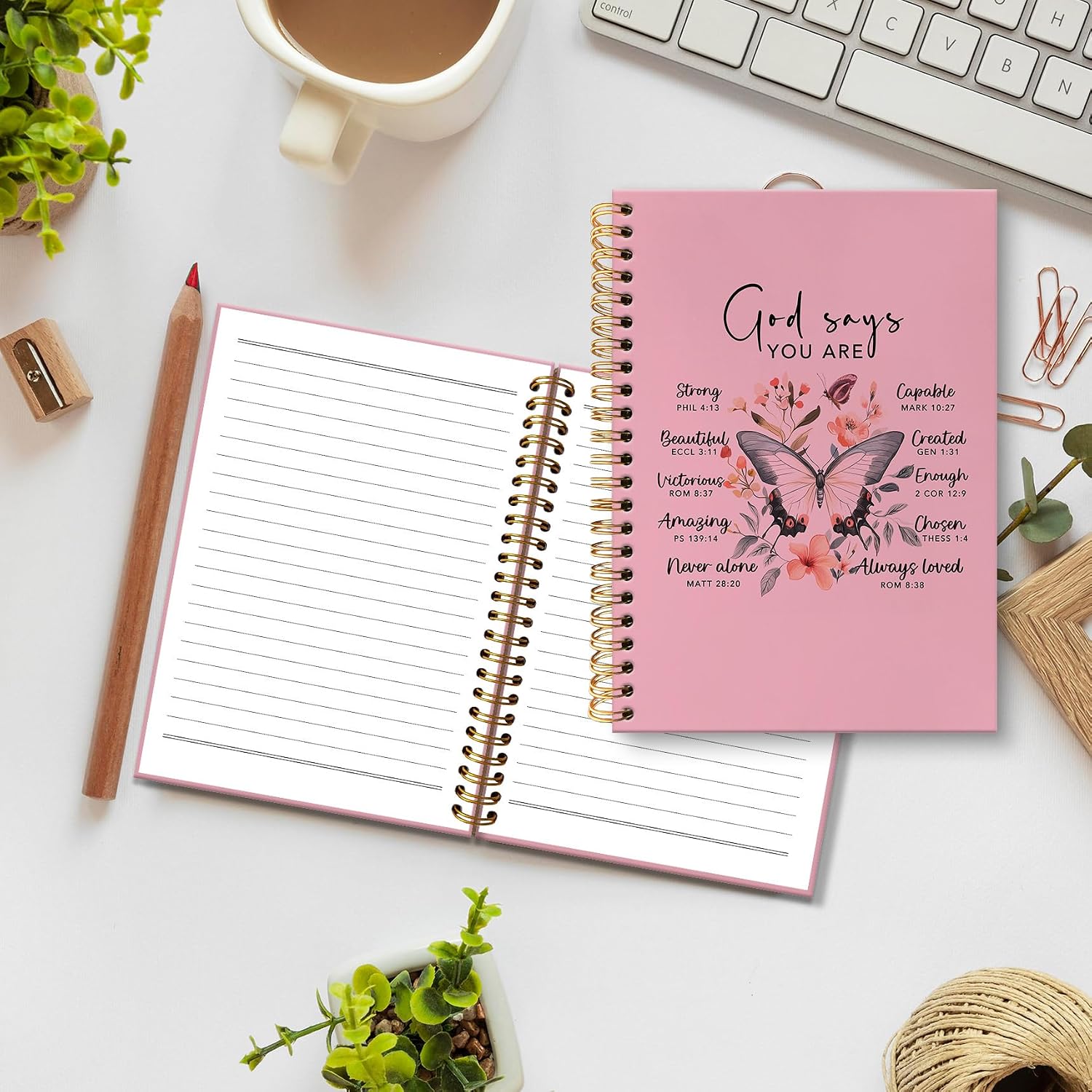 Detalle de huester Inspirational Christian Butterfly Spiral Notebook, Pink Hardcover, 5.5 x 8.3 in