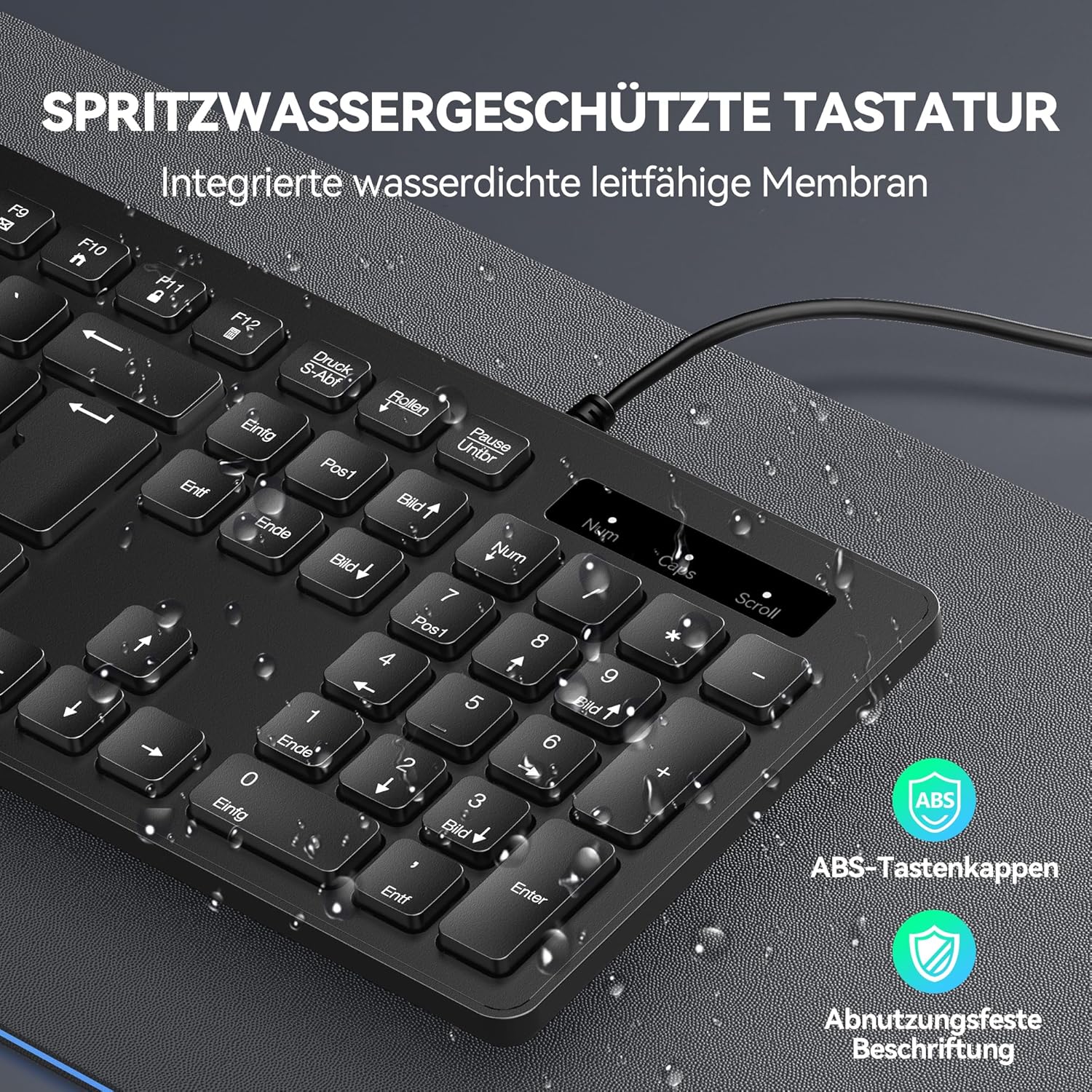 Thumbnail 5 de TECKNET kabelgebundene USB-Tastatur (Vollgröße) mit Nummernblock, QWERTZ, spritzwassergeschützt – leise Tasten