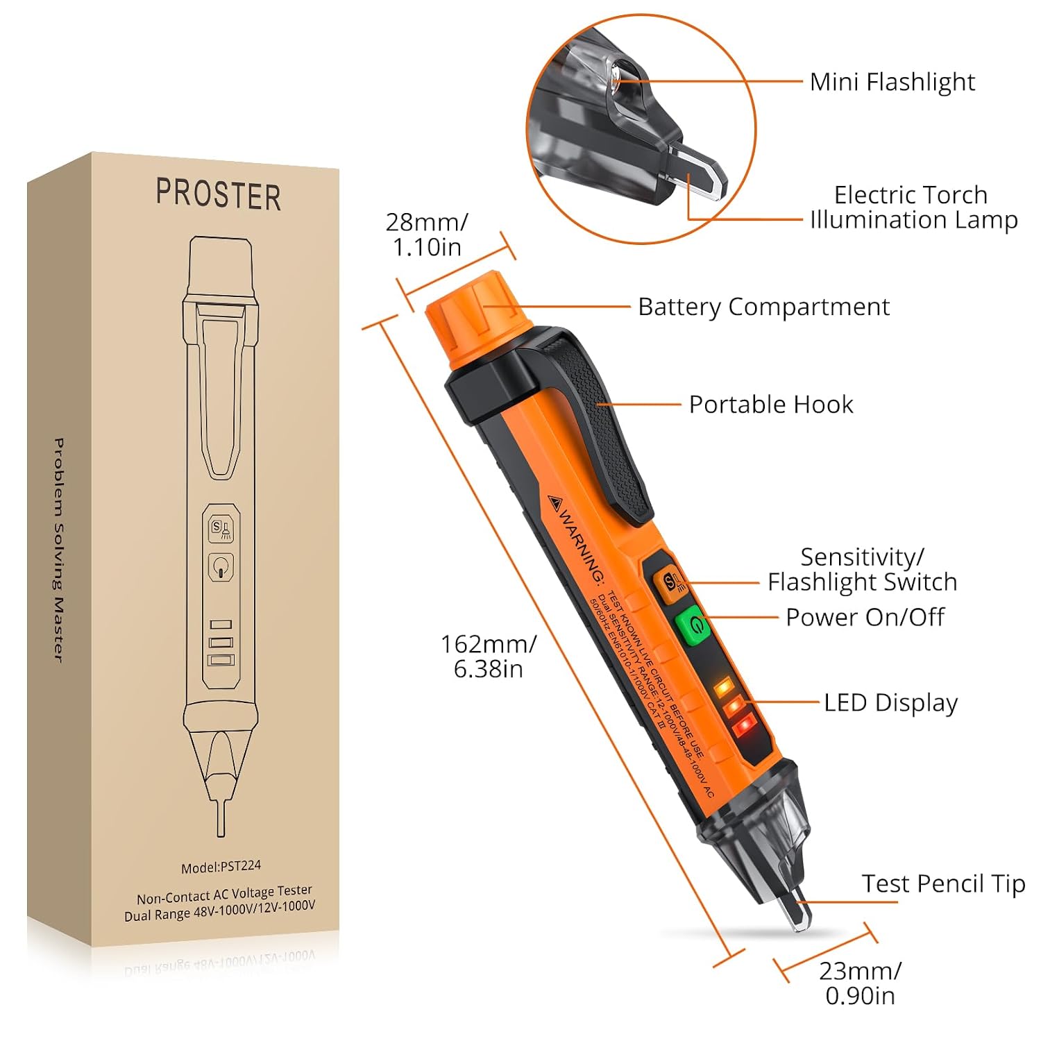 Thumbnail 6 de Proster TOPPST224 NCV Voltage Tester Pen, Adjustable Sensitivity, LED Torch
