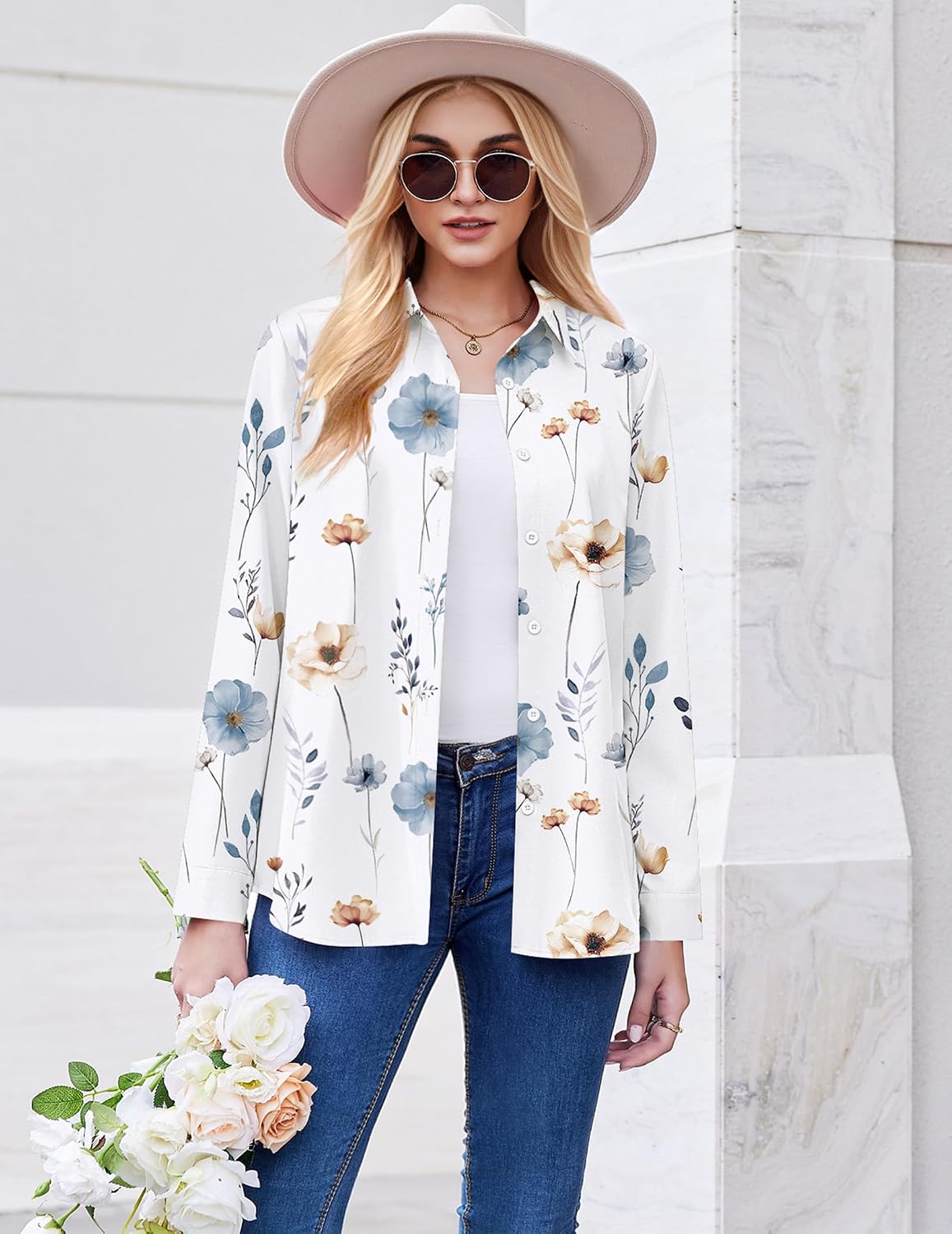 Detalle de ZEAGOO Women’s Button Down Shirt with Floral Print — Long Sleeve, Lightweight and Breathable