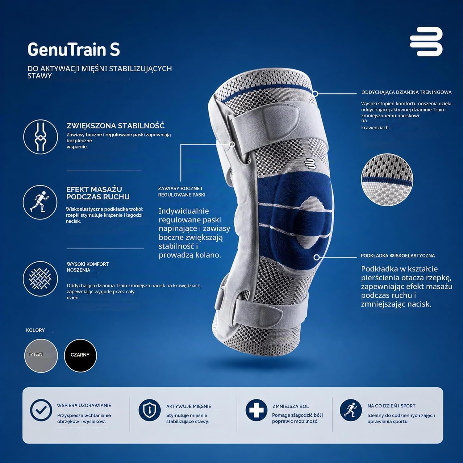 Detalle de Bauerfeind GenuTrain S – stabilizator kolana z zawiasami, lewe kolano, rozmiar 2