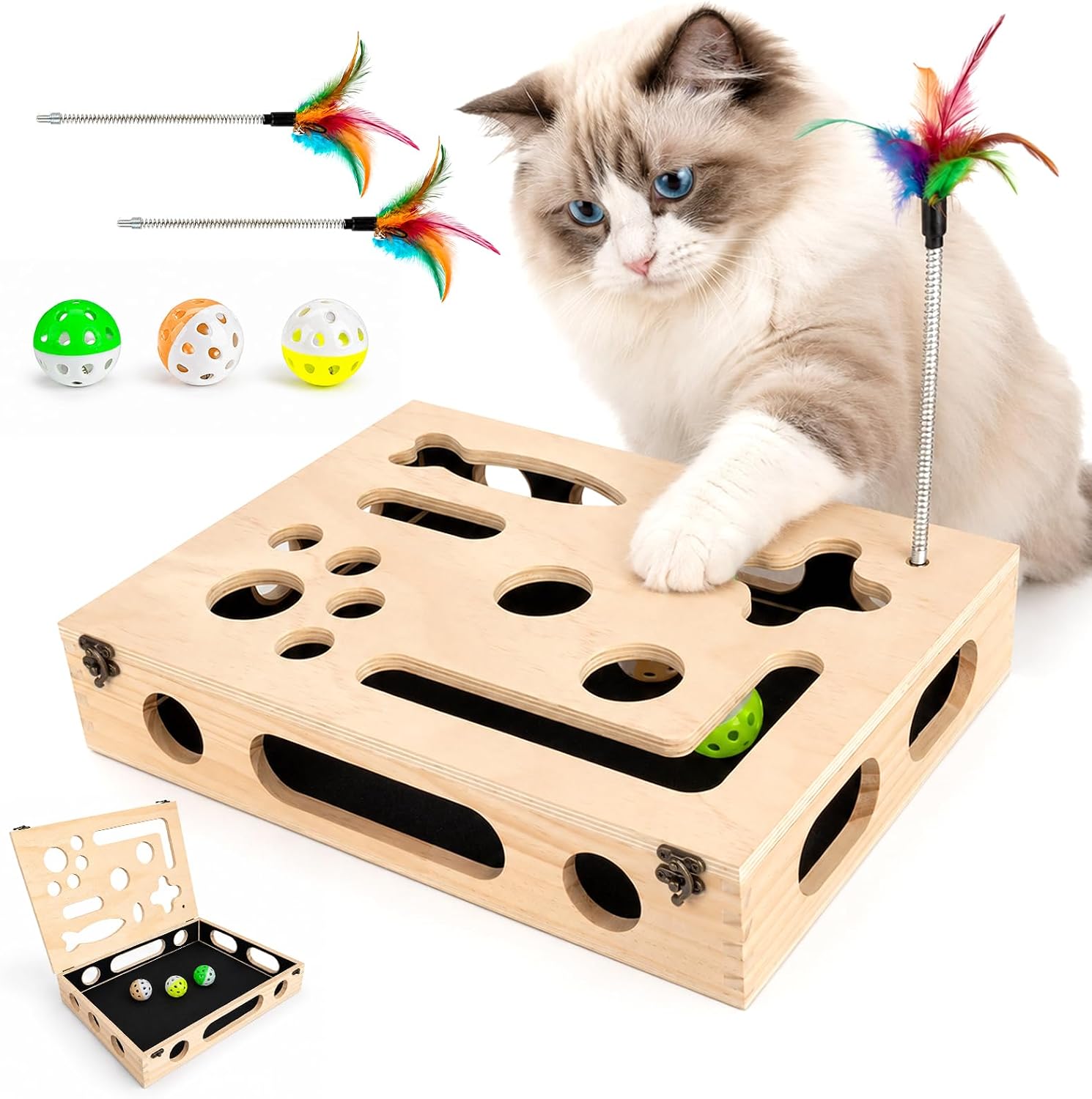 Detalle de UOPON CNFSB-0001 Cat Scratch Puzzle Box with Sandpaper, Feather Wands & Bell Balls