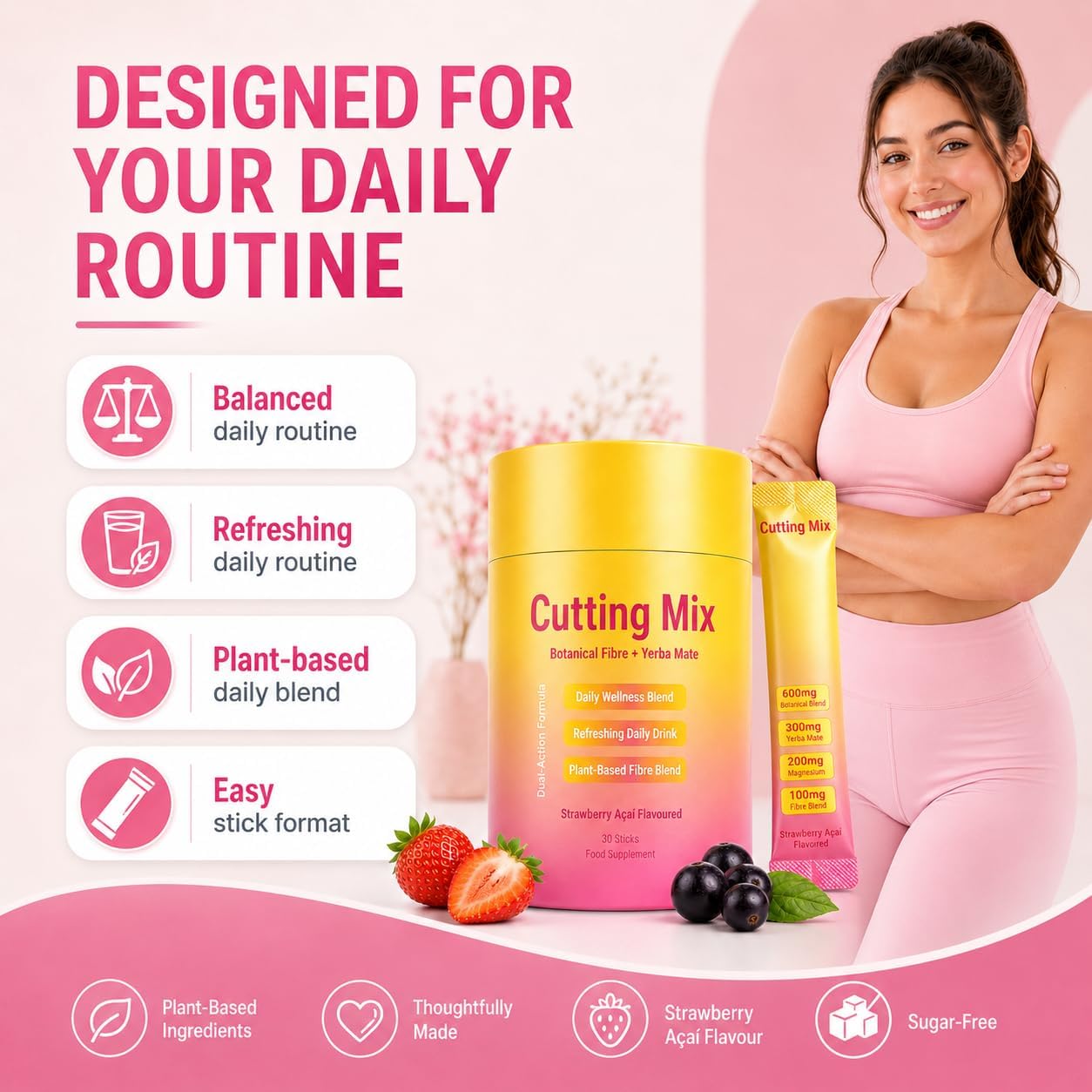 Detalle de Cutting Mix Drink: Botanical Fibre & Yerba Mate Blend – Sugar‑Free Strawberry Açaí Flavoured Sticks (30 x 1 Stick)