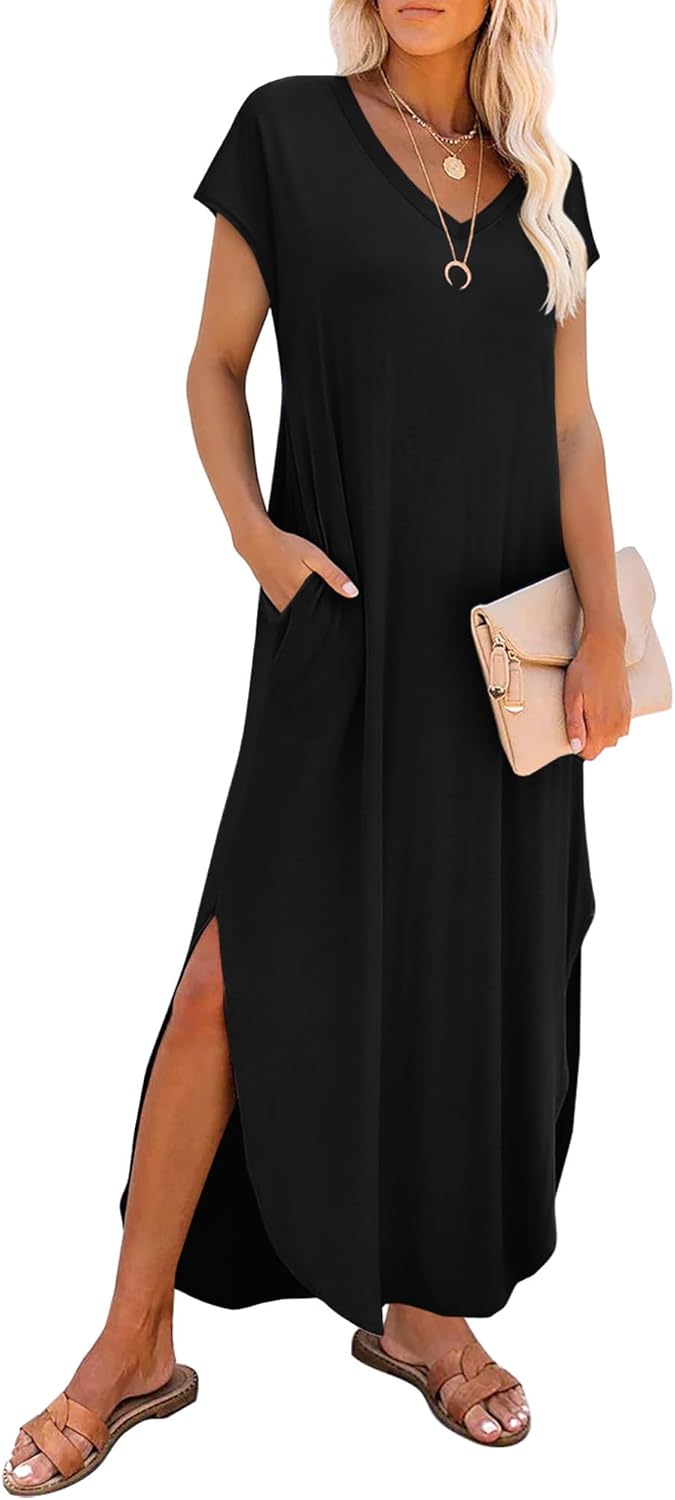 Detalle de RUMIA Summer Casual Maxi Dress with Pockets — V-Neck, Cap Sleeve, Beach-Ready