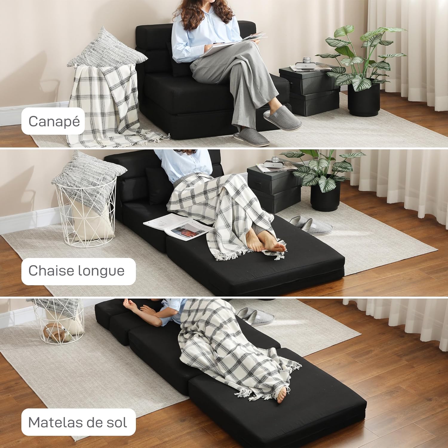 Thumbnail 3 de HOMCOM Fauteuil Convertible 1 Place 3 en 1 – Lit pliant et canapé de sol en lin noir