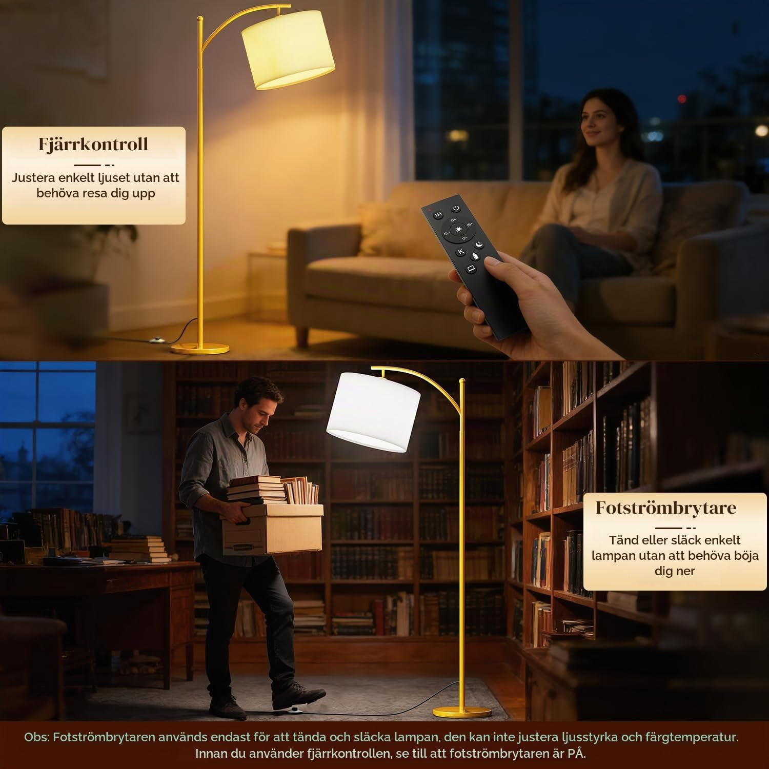 Detalle 2 de GLUROO 01 golvlampa i guld med fjärrkontroll och dimbar LED-belysning