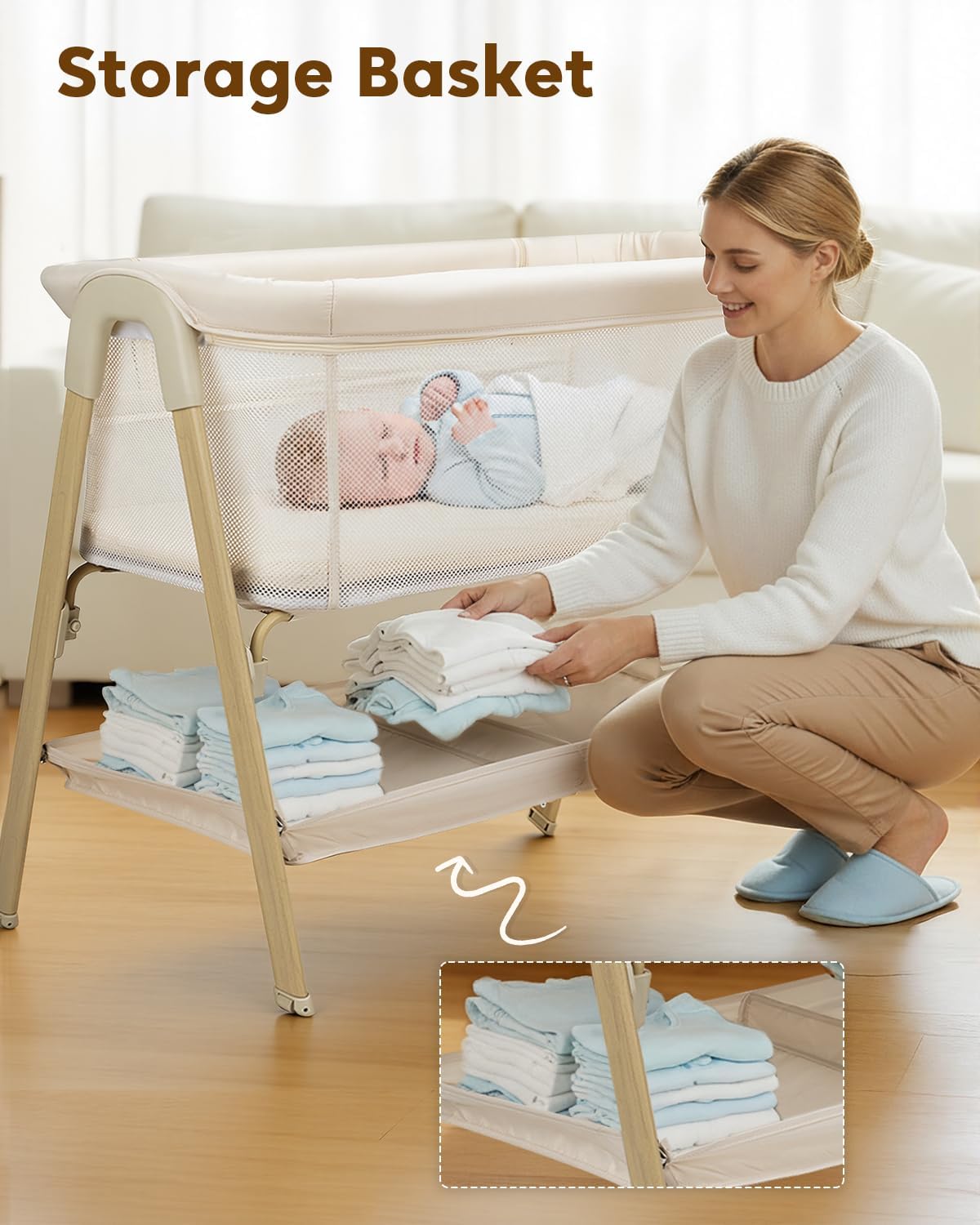 Detalle 2 de JevrJeur 662 Baby Bassinet, Beige Bedside Sleeper with Mesh Sides