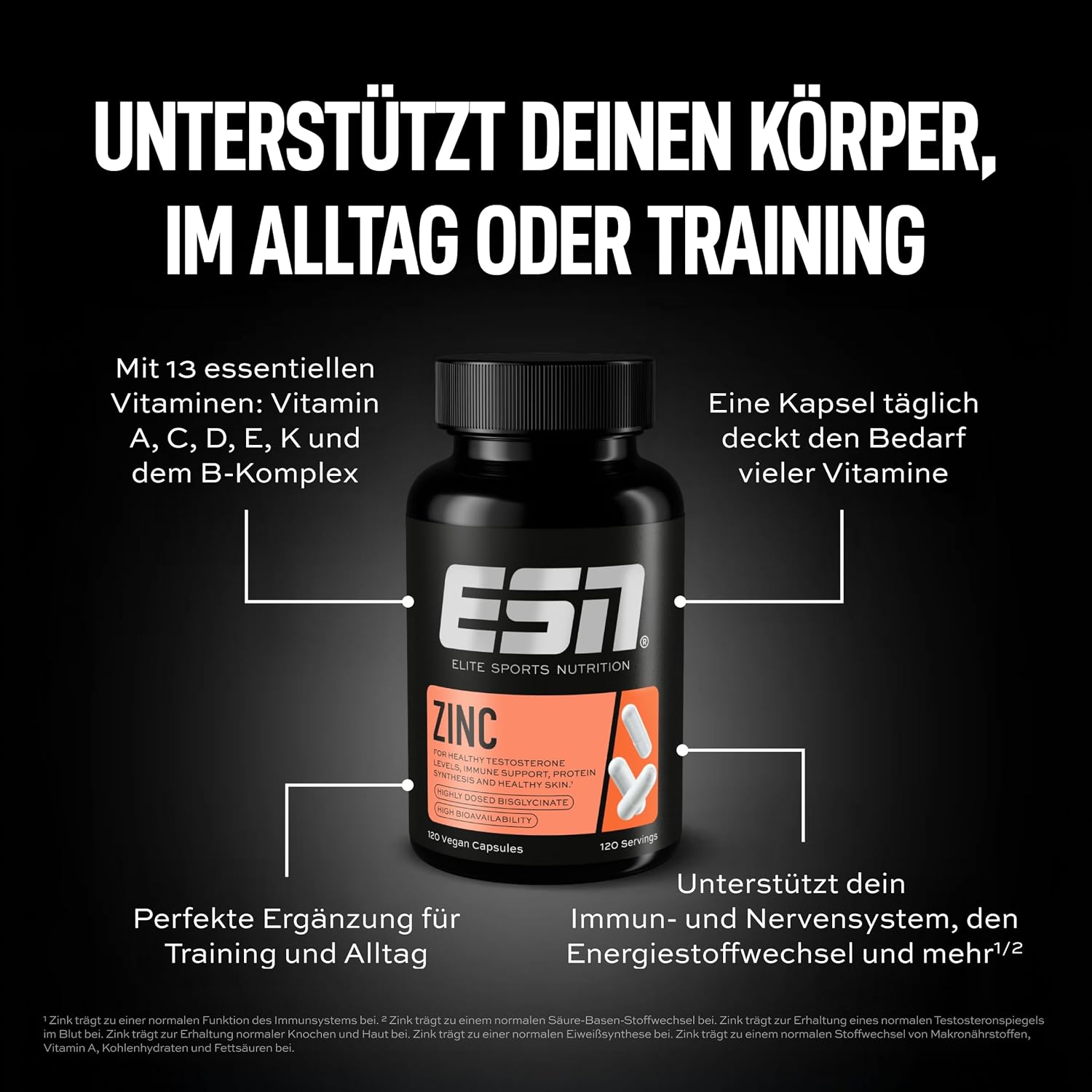 Detalle de ESN Zinc 25 mg Zinkbisglycinat – 120 Kapseln, vegan