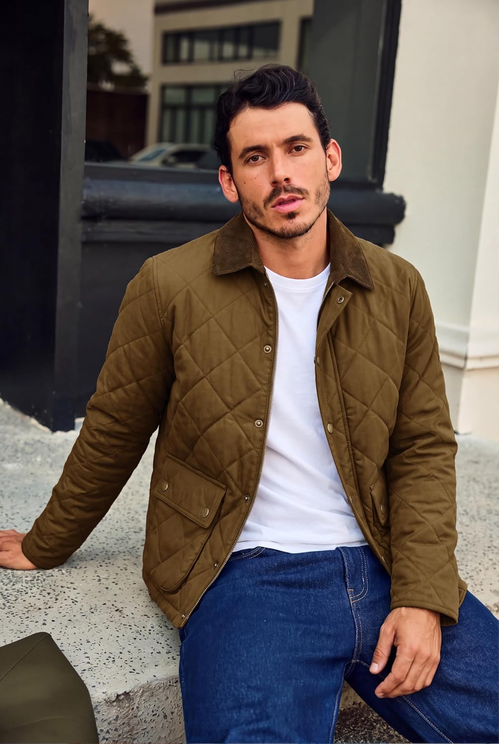 Detalle 2 de Runcati Men's Diamond Quilted Bomber Jacket, Insulated with Corduroy Collar
