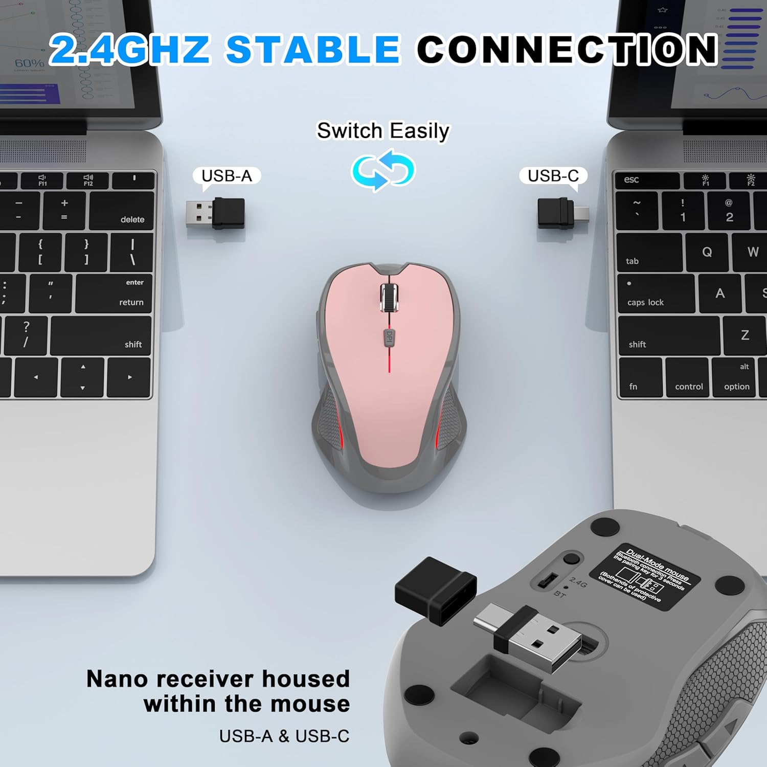 Thumbnail 3 de Azmall Ergonomische Silent-Funkmaus (2,4 GHz & Bluetooth) mit 3 DPI-Stufen und integriertem Mouse Jiggler – Hellrosa