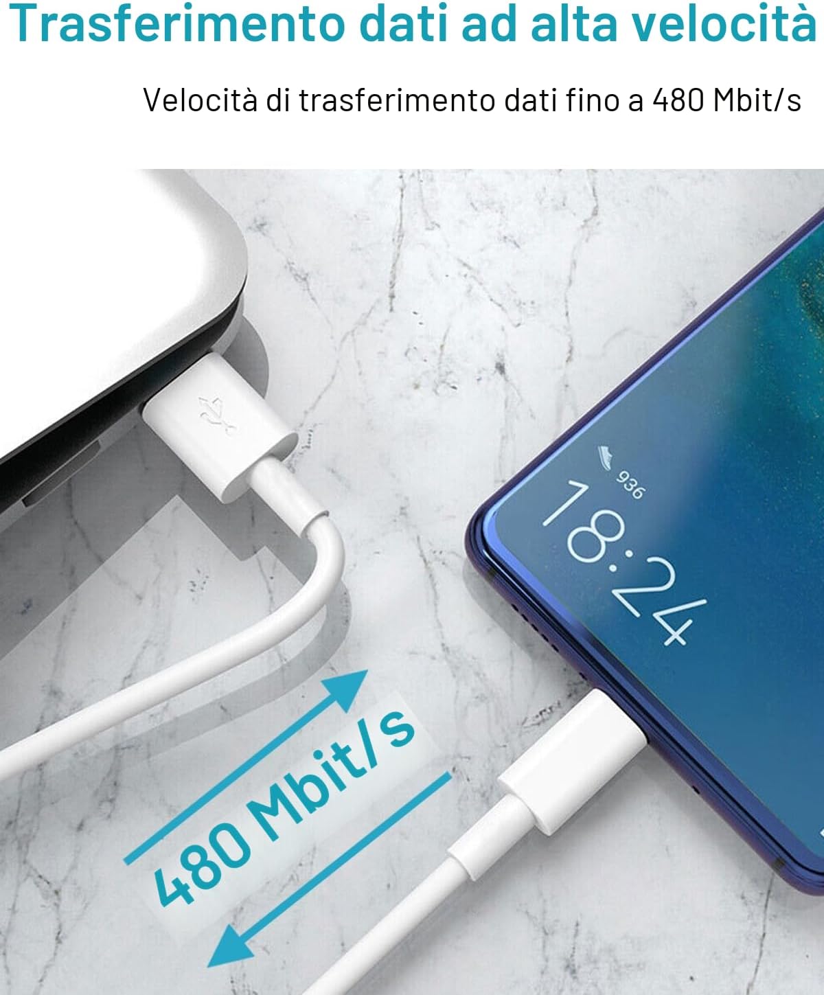 Detalle 2 de Caricatore USB 18W con cavo USB Type-C 2m e Quick Charge 3.0 (per Samsung Galaxy e Xiaomi Redmi)