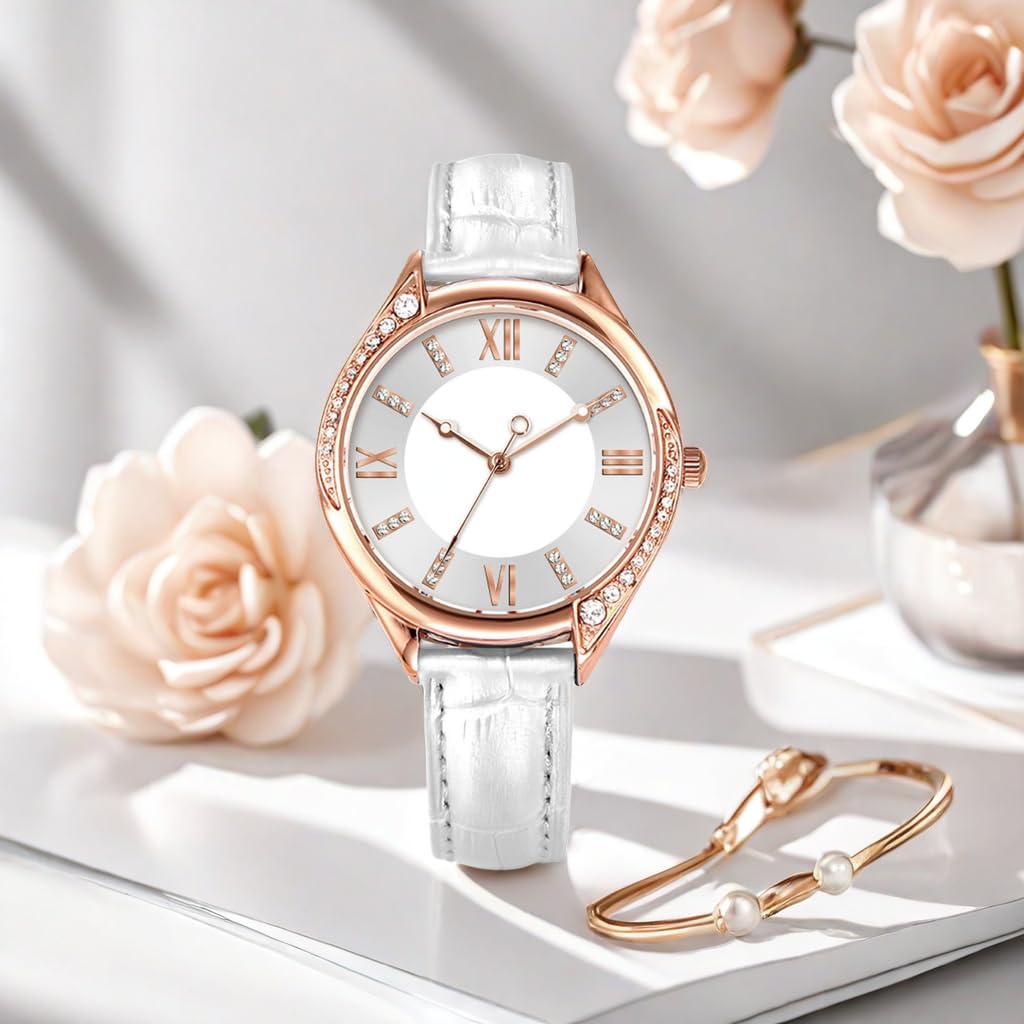 Thumbnail 6 de Comtex Modische Damen-Armbanduhr Analog Quarz Weiß Zifferblatt – Roségold Gehäuse und Diamanten