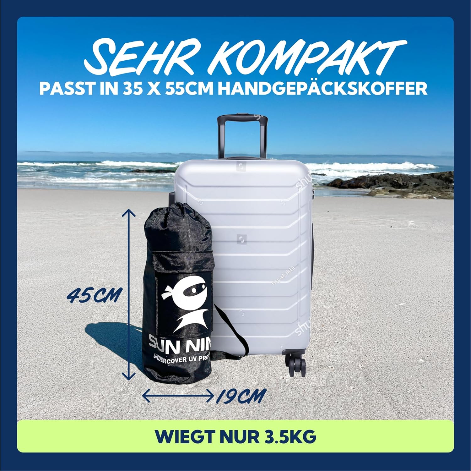 Thumbnail 6 de SUN NINJA Strandzelt – Sonnensegel LSF 50+ mit Sandschaufel, Heringen und Stabilitätsstangen für 4–8 Personen