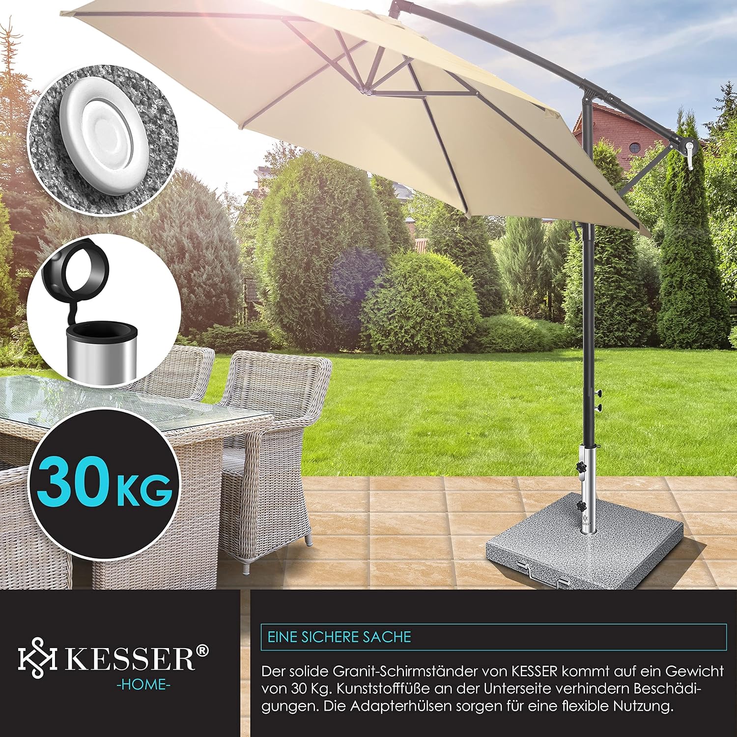 Thumbnail 5 de KESSER Granit-Sonnenschirmständer mit Edelstahlrohr – quadratischer Sockel (30 kg) für Schirmstöcke 16–48 mm, inkl. Transportgriff, grau