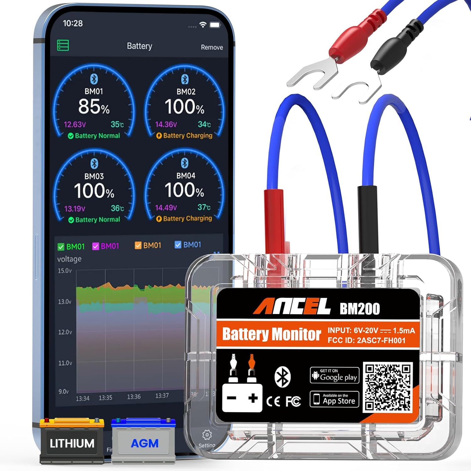 Detalle de ANCEL BM200-US Car Battery Tester: 12V Bluetooth Battery Monitor for Cars, RVs, Boats and More