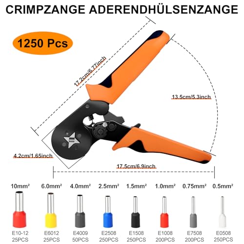 Detalle de Beizkna: Juego de alicates de crimpado con 1250 punteras para terminales de cable (0,25–10 mm²)
