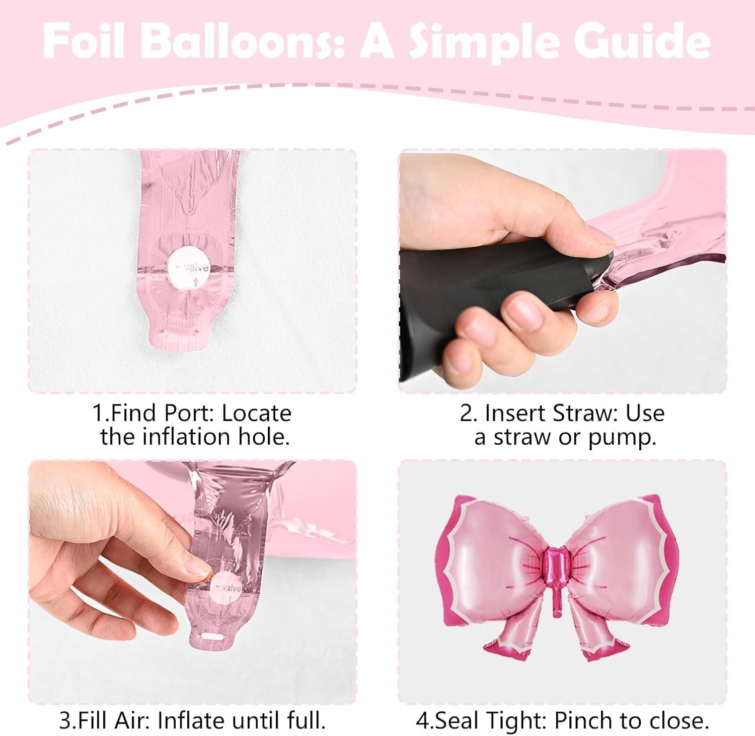 Detalle de Bow Balloons 35-Piece Light Baby Pink, White & Clear Pastel Balloon Set with Bow Foil Balloon and Ribbon