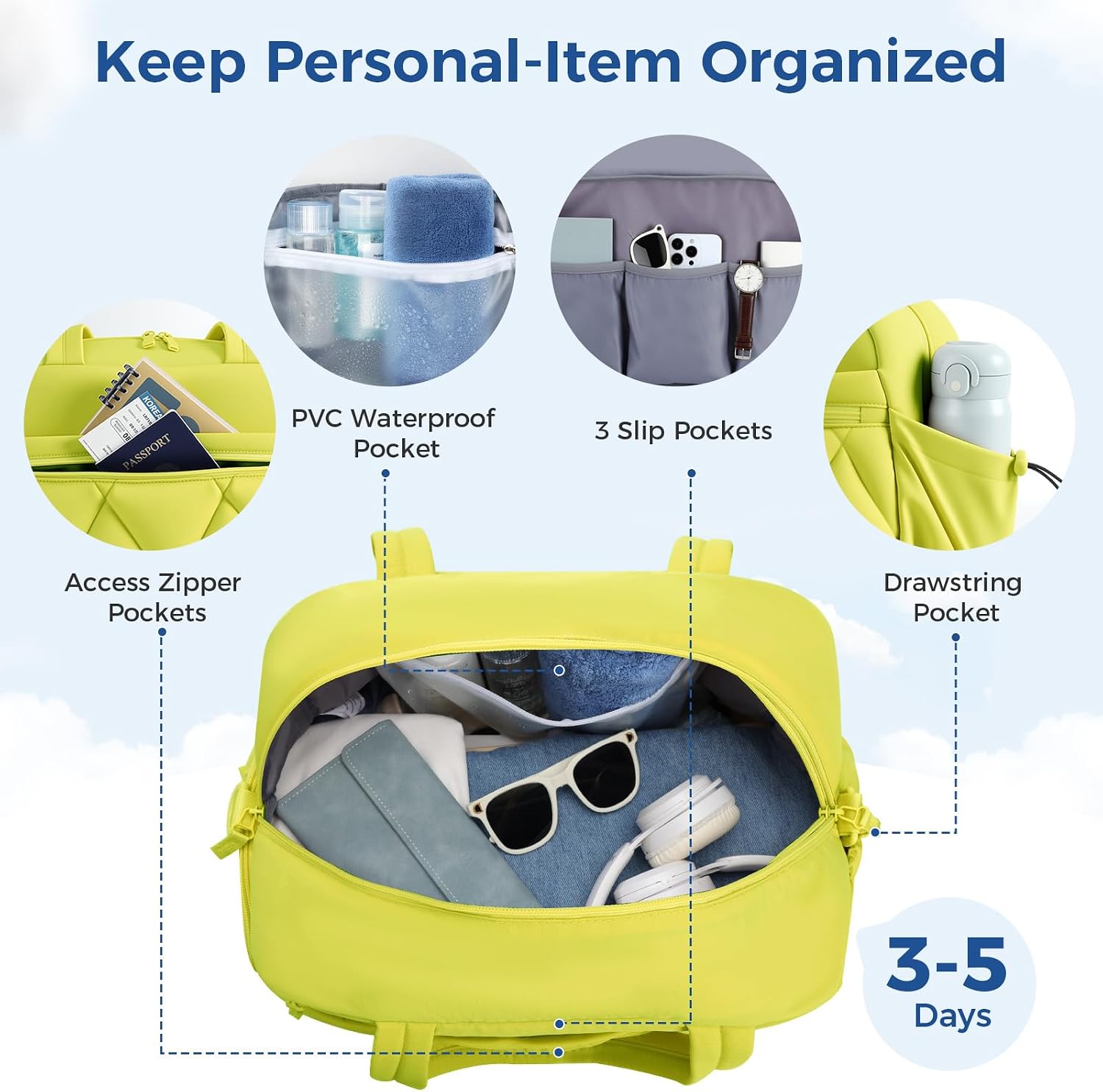 Thumbnail 3 de Lekespring women’s Weekend Overnight Bag (25L) with waterproof Taslon and shoe compartment – Yellow