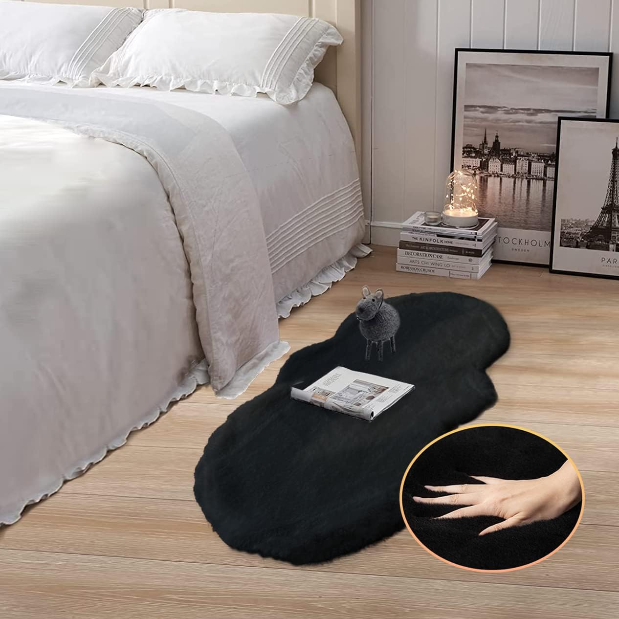 Detalle 2 de ORINOVA Flauschiger Kunstfell-Teppich für Schlafzimmer & Wohnzimmer, Schwarz – 60x120 cm