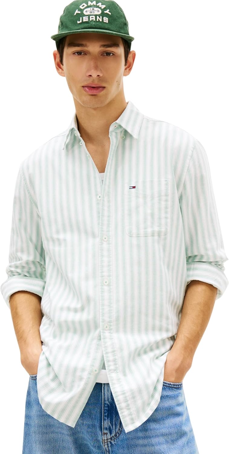 Detalle de Tommy Jeans Tjm Reg Stripe Oxford Shirt, camicia a righe in stile Oxford da uomo
